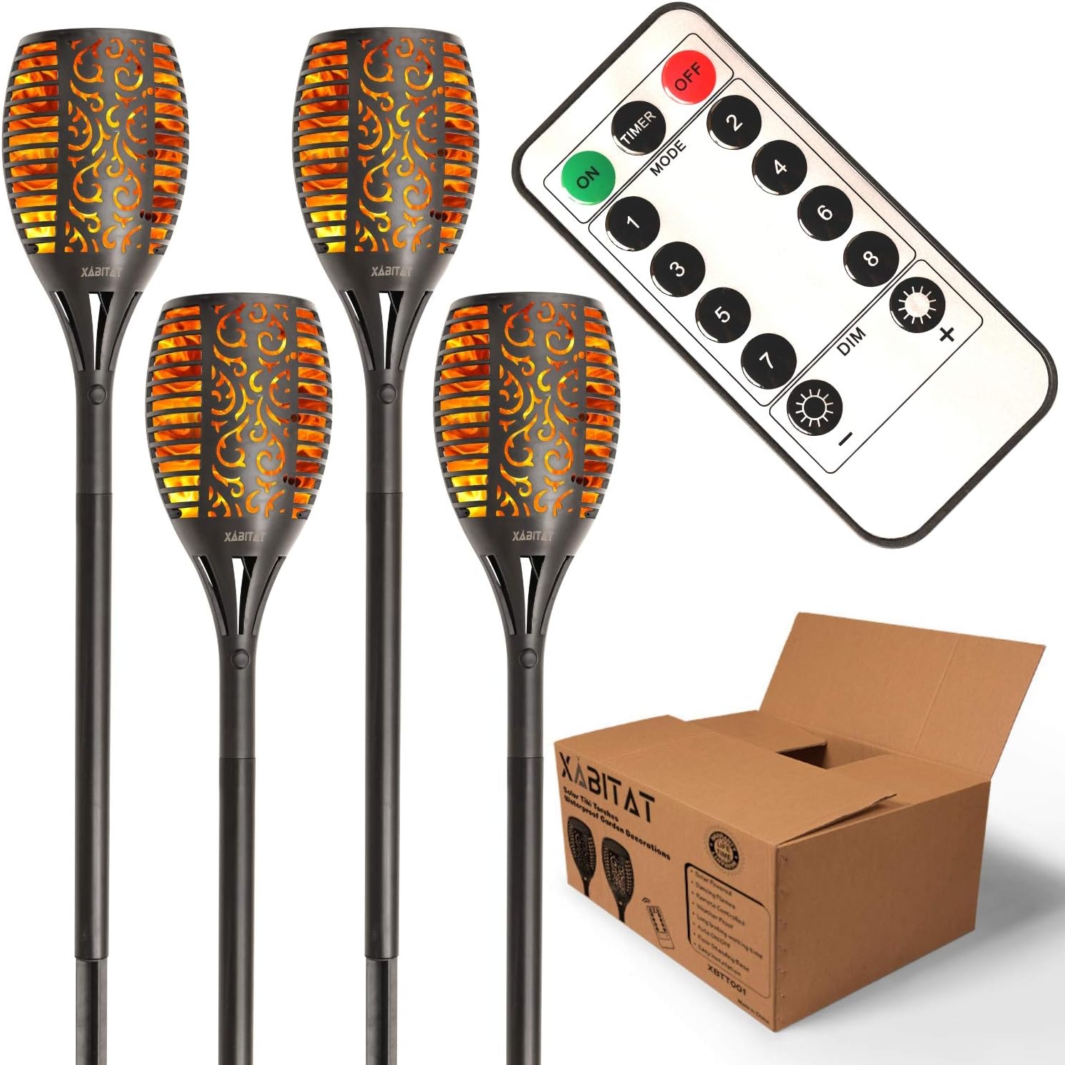 Xabitat Solar Tiki Torch Lights - Remote Controlled Auto ON/OFF Flickering Flame Yard Decorations - LED Waterproof Outdoor Lighting - Patio and Pathway Decor - Suits Lawn Deck and Driveway - 4 Pack