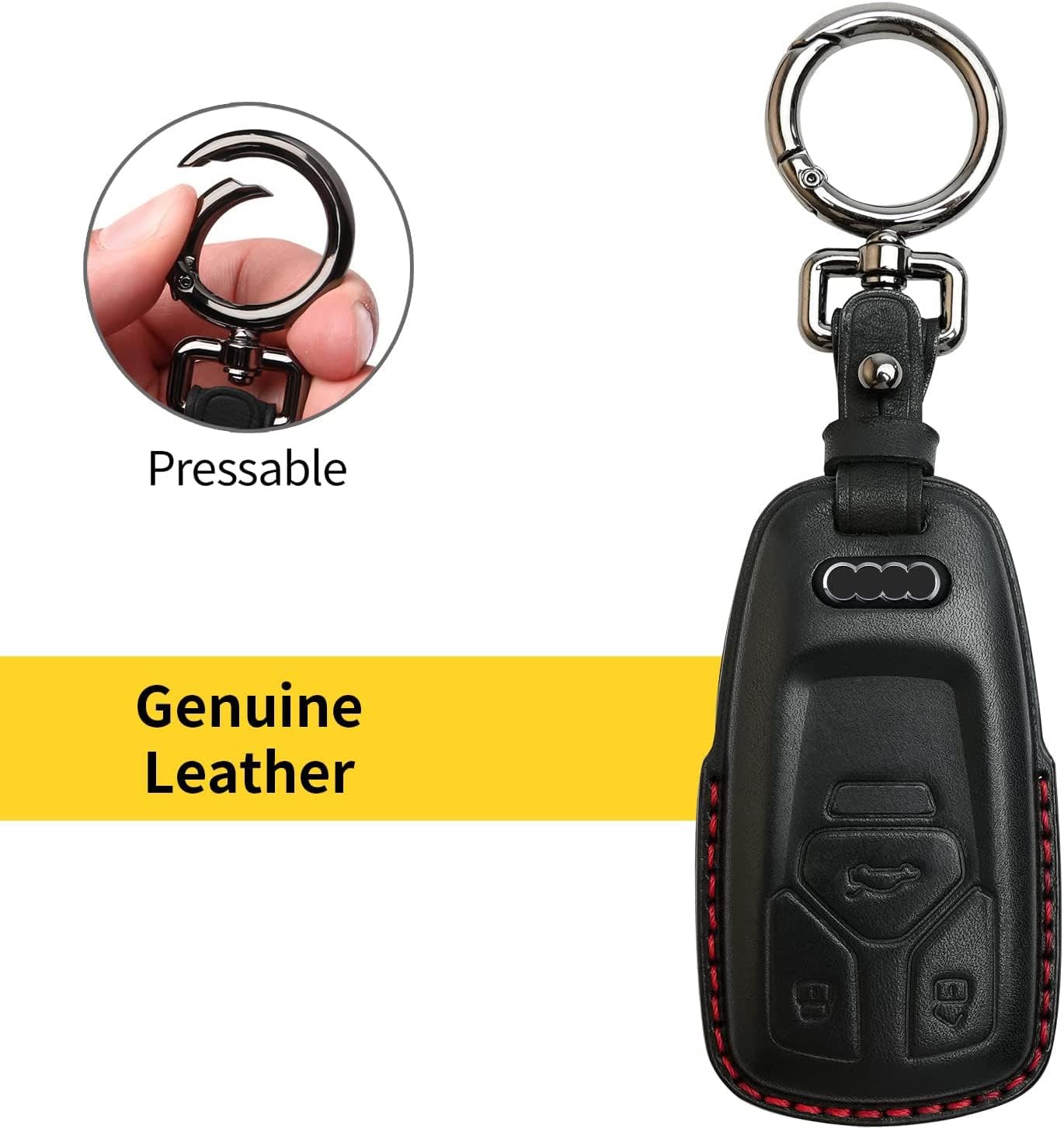 Tukellen for Audi Key Fob Cover Genuine Leather with Keychain,Leather Key Case Protector Compatible Audi A4 Q7 Q5 TT A3 A6 SQ5 R8 S5 Smart Key-Black (Red Line)