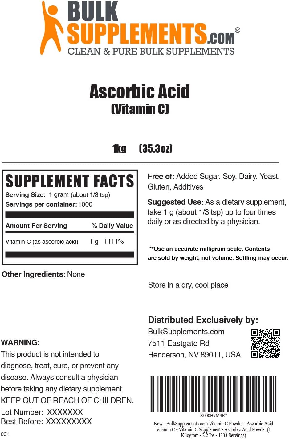 BULKSUPPLEMENTS.COM Ascorbic Acid Powder - Vitamin C Powder - Vitamin C Supplement - Pure Vitamin C Ascorbic Acid - 1000mg Vitamin C - 5000 Servings of Powdered Vitamin C (5 Kilograms - 11 lbs)