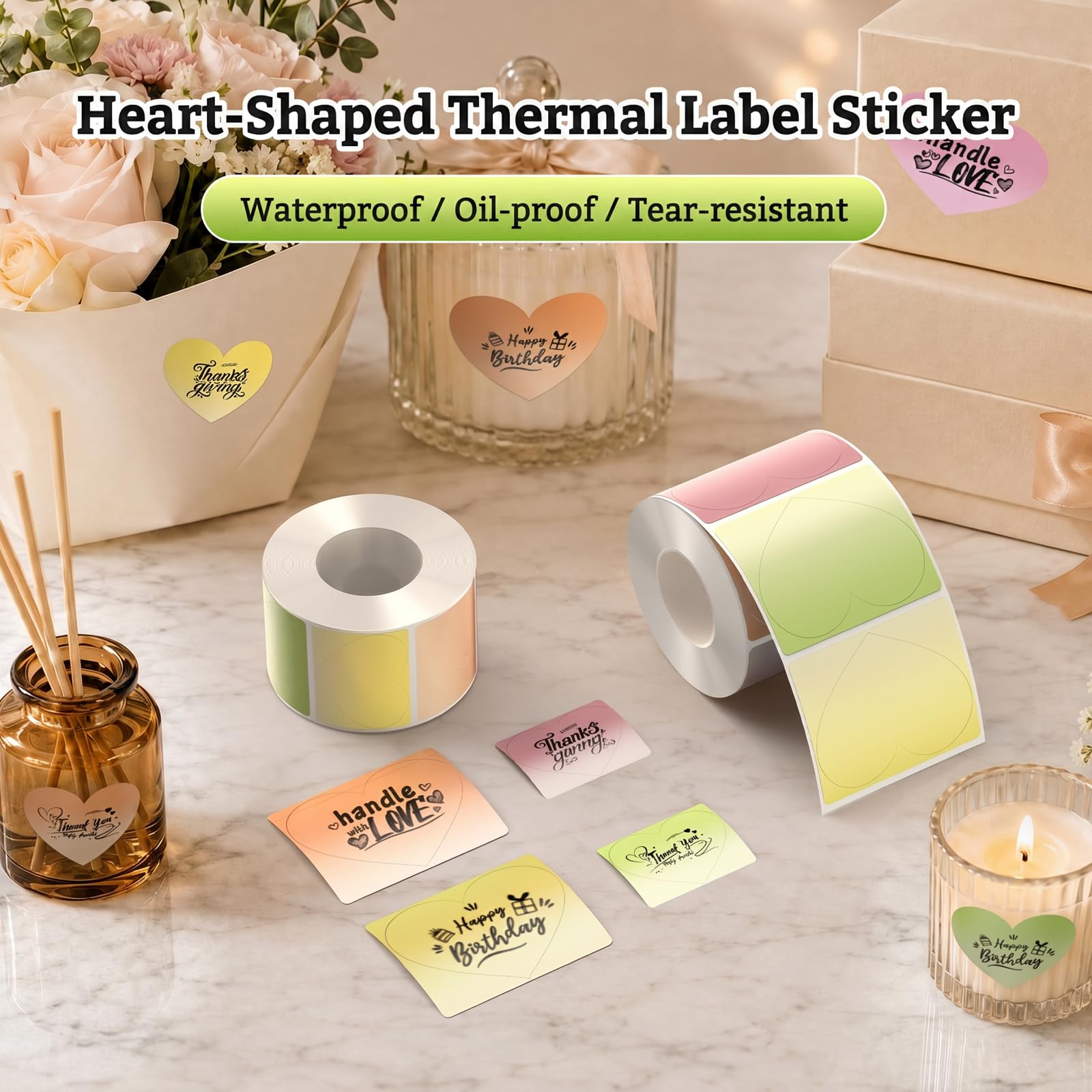 CLABEL 221B Stampante per etichette Bluetooth portatile, etichette a cuore per confezioni regalo | Etichette termiche impermeabili 48×38 mm, 180 pezzi/rotolo, senza inchiostro, design a cuore a 4 colo