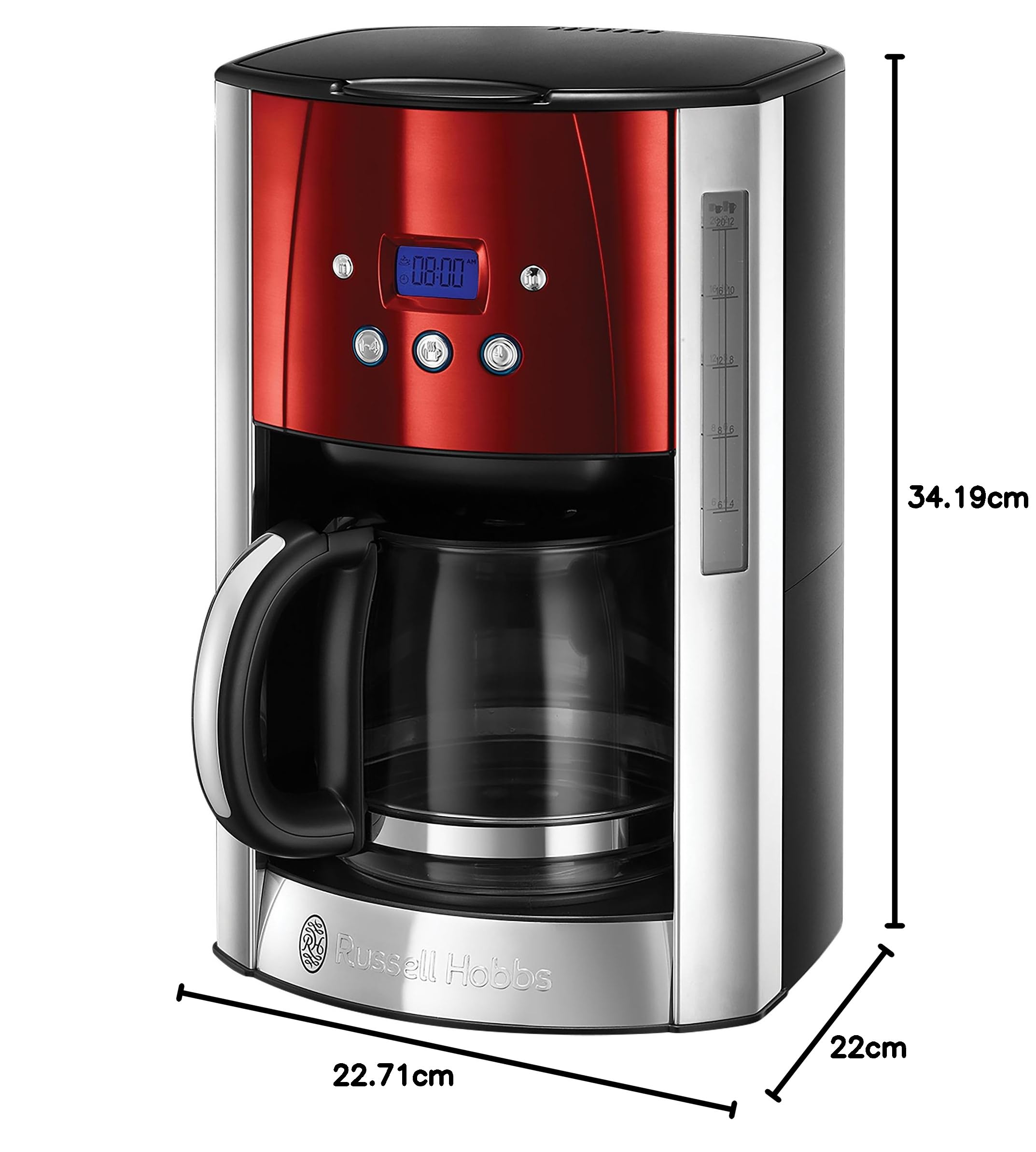 Russell Hobbs Cafetière [Technologie WhirlTech-extraction optimale] Luna rouge (1000W,Verseuse en verre 1,5L, 12 tasses, Programmable, Minuteur digital, Auto-Nettoyante) Machine à café filtre 23240-56