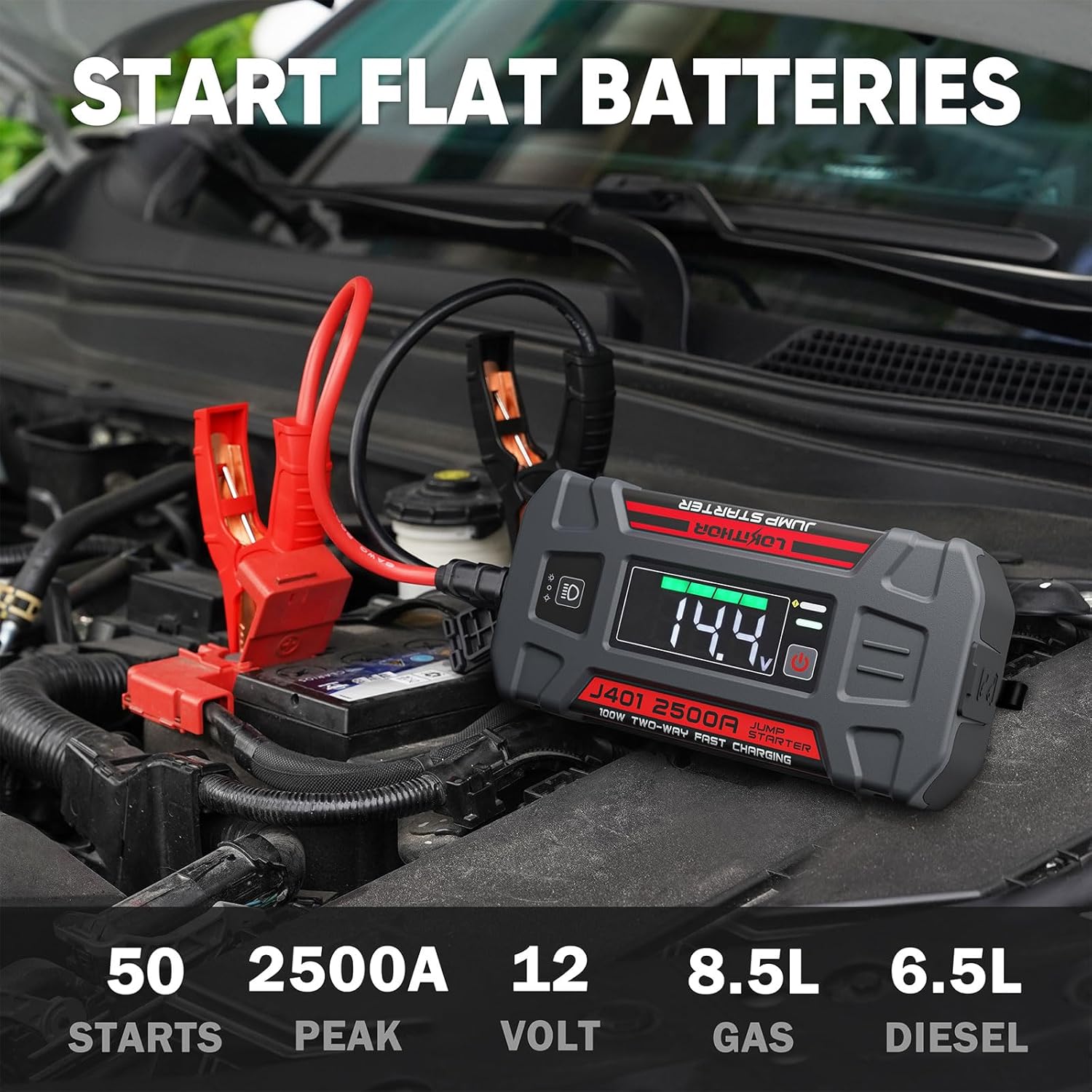 LOKITHOR J401 Jump Starter, 2500A Battery Jumper Starter Portable, 12V Jump Box, Jumper Cables for Upto 8.5L Gas and 6.5L Diesel Engines, 60W Fast Charging,Storage Case