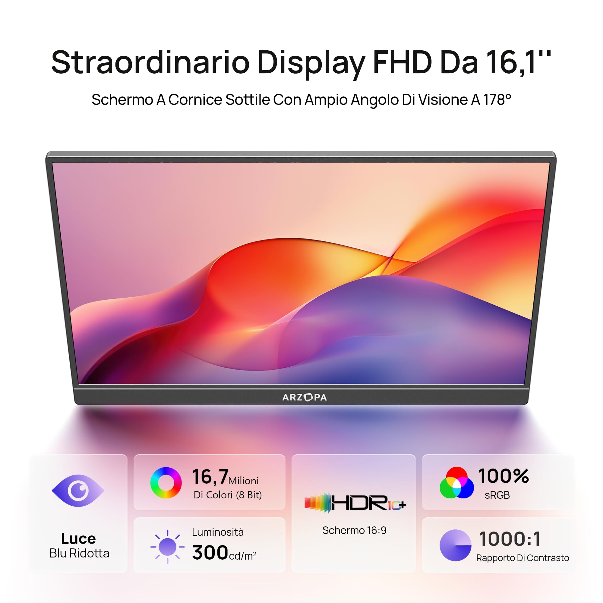 ARZOPA Monitor Portatile 16.1" IPS FHD 1080P HDR10 Ultra Sottile 9.3mm Altoparlanti Integrati Z1C