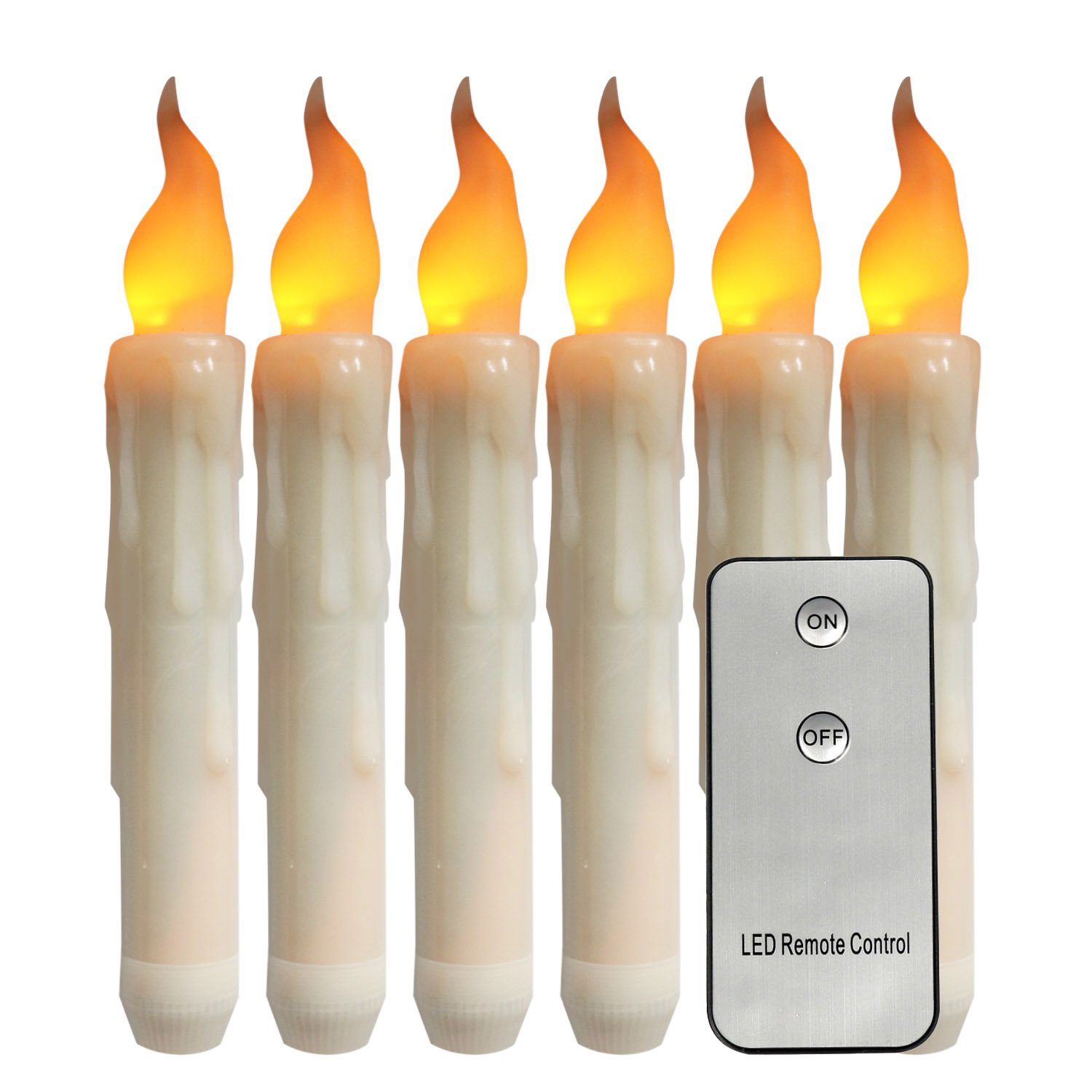6Pcs Floating Taper Candle with Remote Control Flameless Battery Operated Lights Amber Yellow Flickering Electric Candles for Christmas Halloween Decor