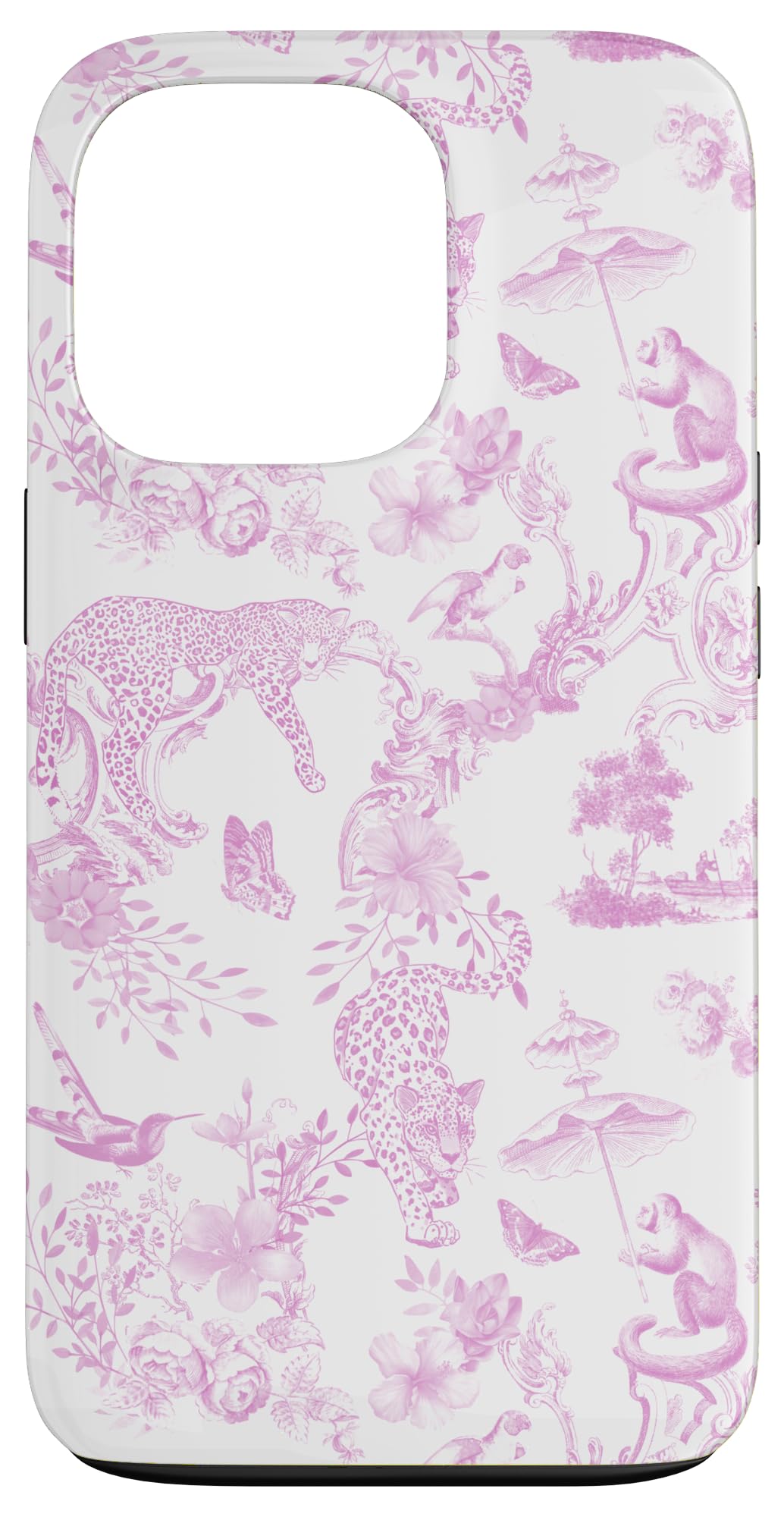 French Pink Toile Chinoiserie with Flowers, Monkey, Leopards Case for iPhone 13 Pro