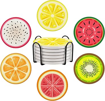 Coasters for Drinks Set of 6, Cute Fruits Round Ceramic Coasters Summer Fruit Kitchen Decor with Cork Base and Metal Holder, Non-Slip Tabletop Protection Mat for Mugs Cups Coaster, Housewarming Gift