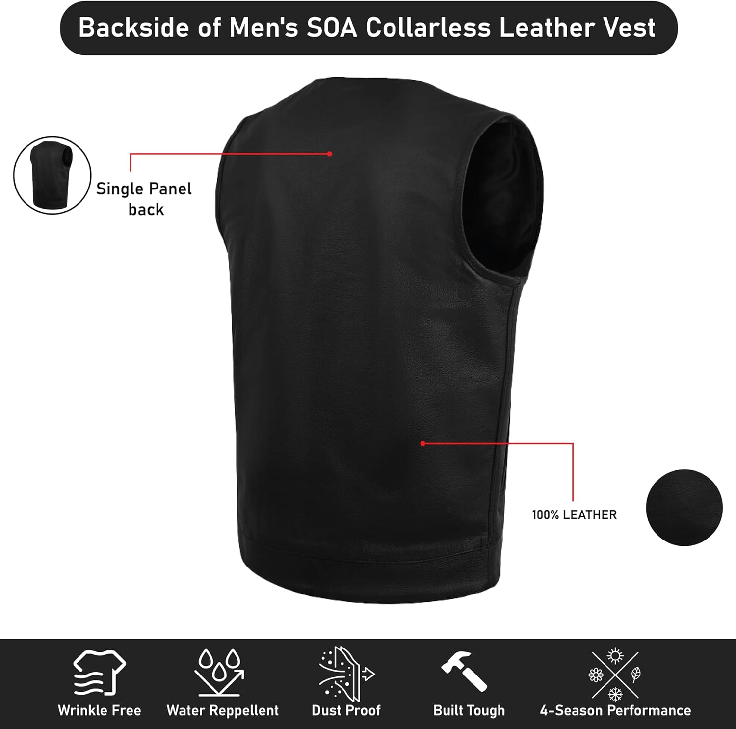 Men's Sleek Black Leather Motorcycle Vest – Classic Biker Club Style
