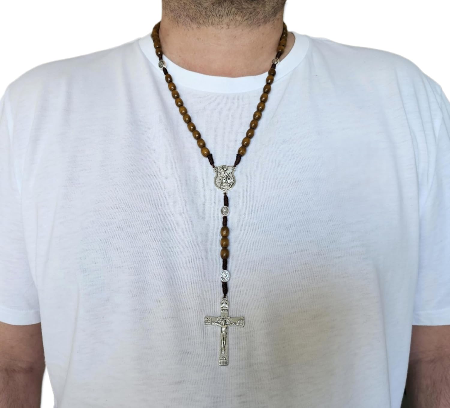 TALISMAN4U Saint Michael the Archangel Solid Wood Rosary Beads Catholic Necklace for Men Holy Trinity Cross Crucifix Guardian Angel Medals Corded Rosaries Gift Rosary Pouch & Prayer Card - Image 6