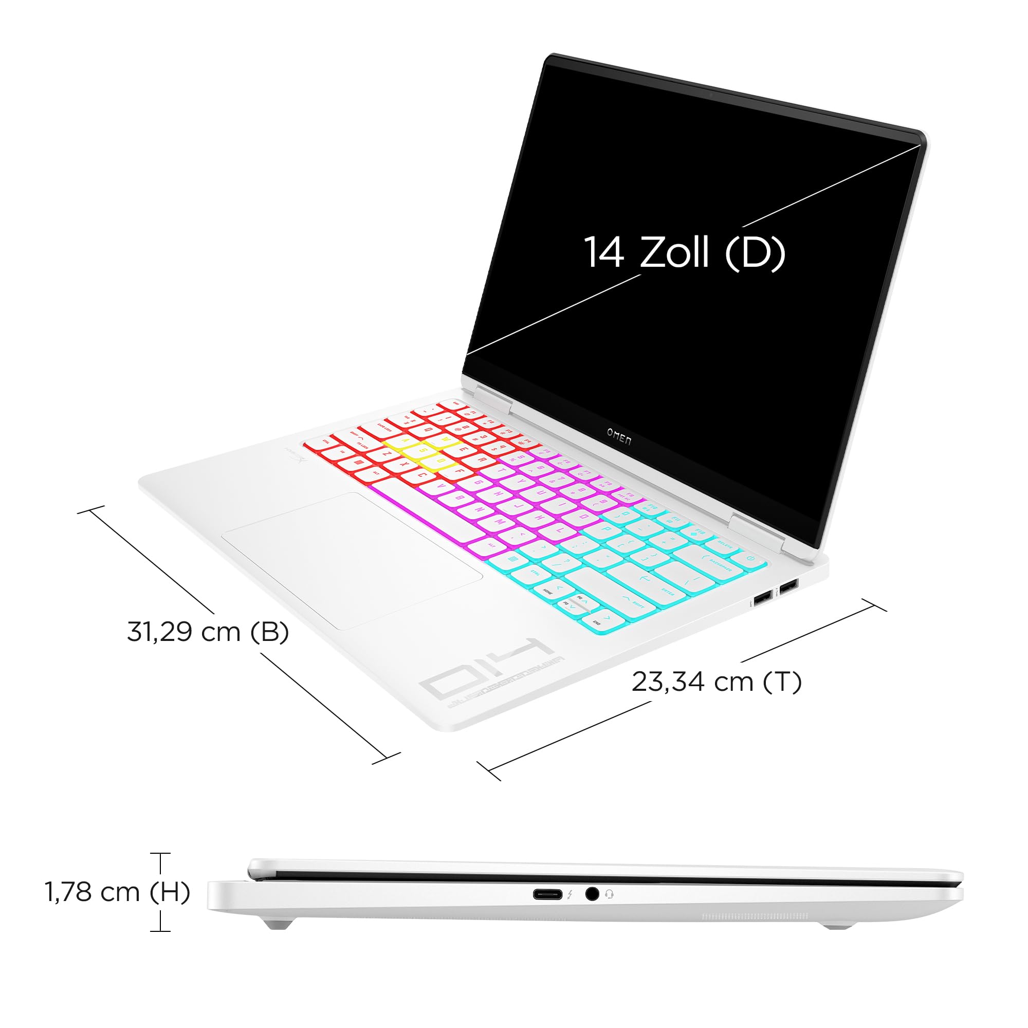 HP Omen Transcend Gaming Laptop, 14 Zoll 2,8K OLED 120Hz, Intel Core Ultra 7 155H, 16 GB DDR5 RAM, 1 TB SSD, NVIDIA GeForce RTX 4060 (8GB), QWERTZ, Windows 11, Weiß inkl. HyperX Cloud III Wireless