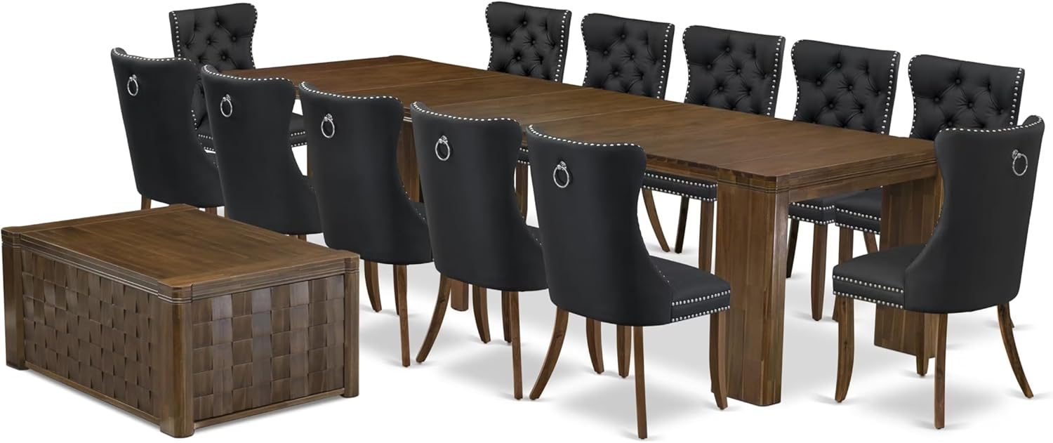 X12DA-0C8-12 14-Pc Mid Century Dining Set includes an Extendable Rectangle Kitchen Table, 1 Coffee Table and 12 Polyester Fabric Dining Chairs, 39x120 Inch, Antique Walnut
