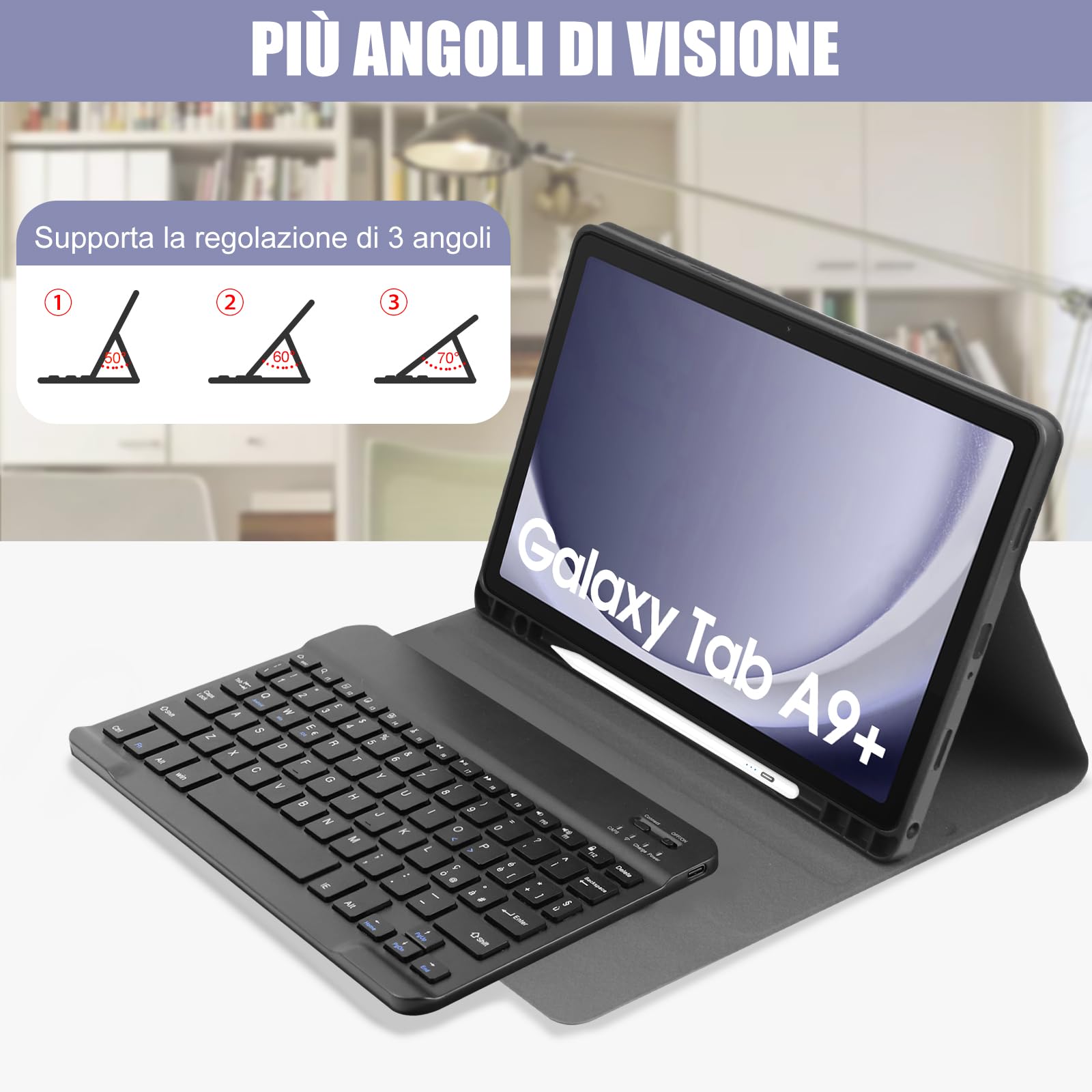 TENGWUDZ Custodia con Tastiera per Samsung Galaxy Tab А9+ 2023, Italiano Tastiera per Samsung Galaxy Tab A9+ /A9 Plus 11 Pollici 2023 (SM-X210/X216/X218) (Black)