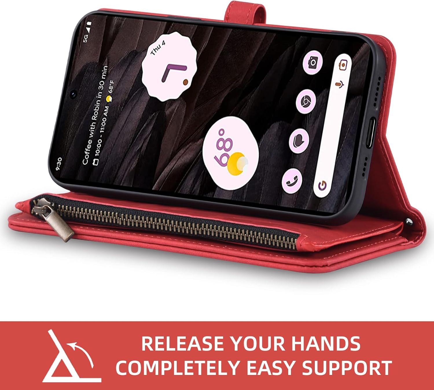 Phone Case for Google Pixel 7A 5G 2023 Wallet Cover with Tempered Glass Screen Protector and Crossbody Wrist Strap Leather Flip Pattern Zipper Credit Card Holder Stand Cell Pixel7A A7 Women Men Red