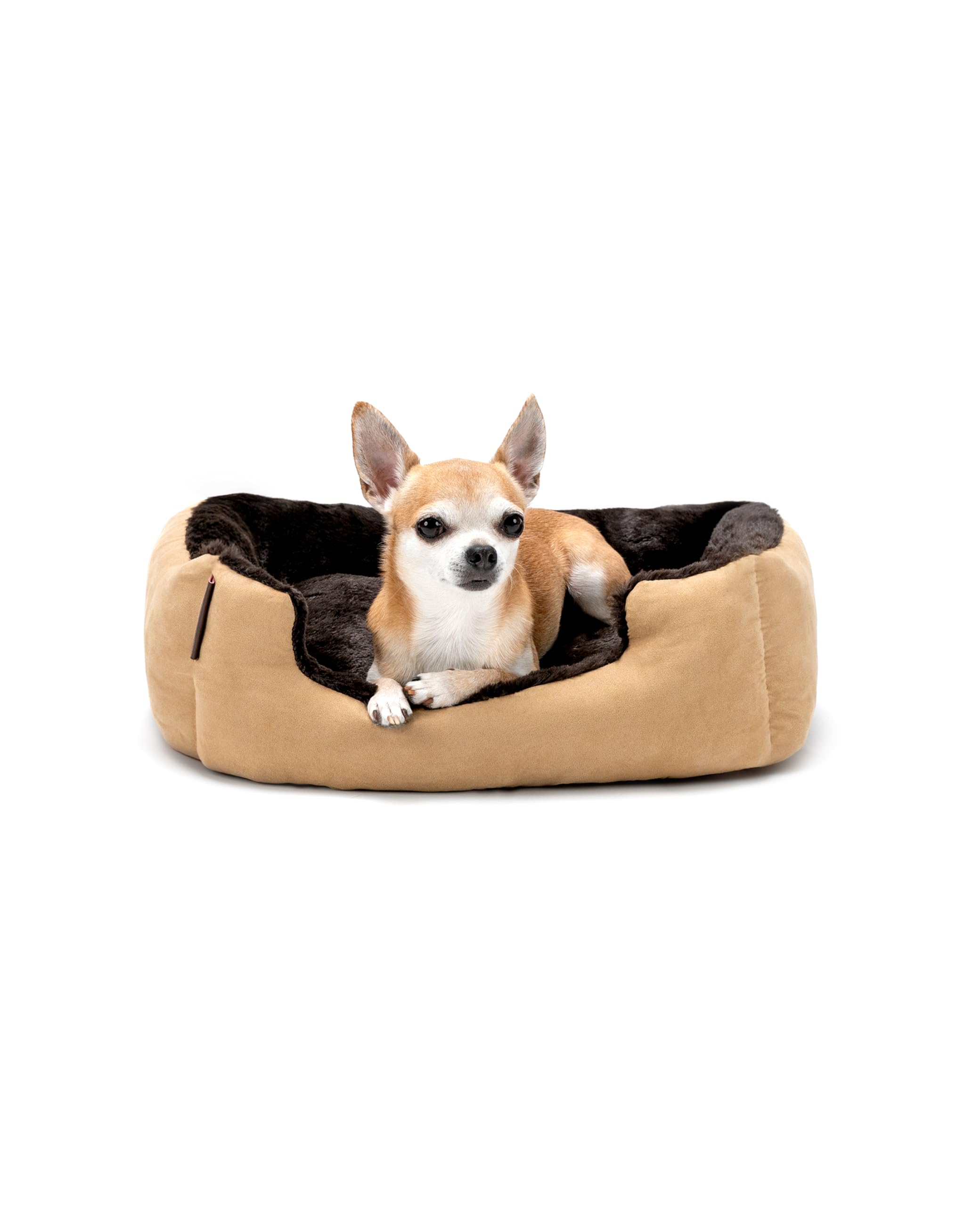 lionto Dog bed with reversible pillow and non-slip underside, robust pet cushion with low entry for dogs and cats of all ages, 50x37 cm, cuddly dog bed, beige/brown