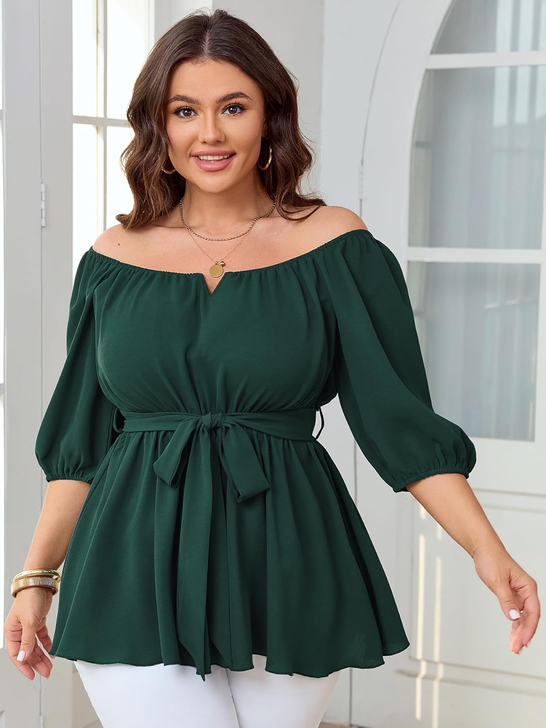 Women's Plus Size Square Neck Peplum Blouses Dressy Tops 3/4 Puff Sleeve Empire Waist Tie Ruffle Hem Babydoll Top - Image 3