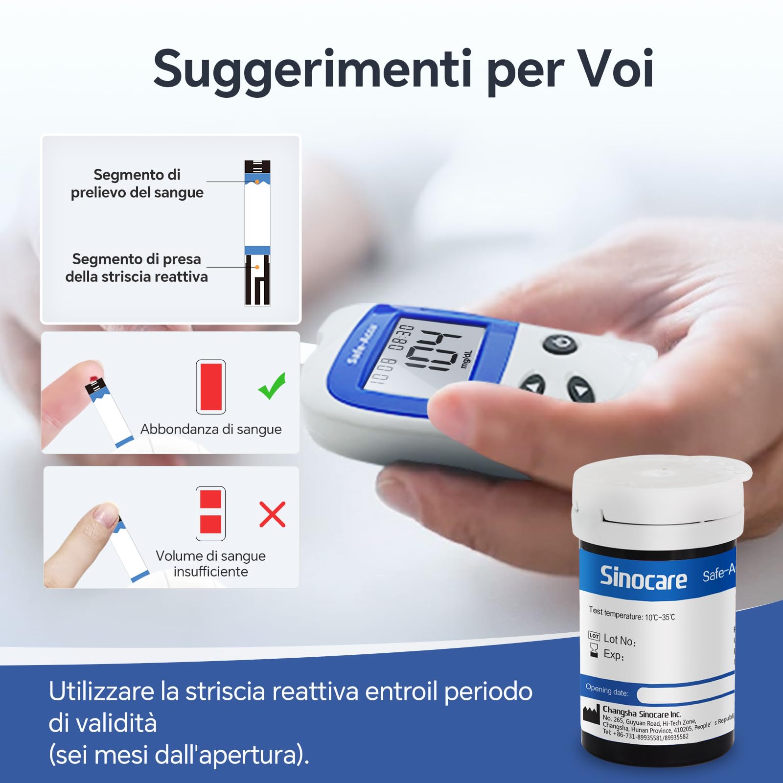 Sinocare Safe Accu2 Strisce Reattive per Glicemia, 200 pezzi Strisce Glicemia Senza Lancetta, Strisce Reagente Glucosio Adattabili [solo a Safe Accu2] [Lancetta non incluso]
