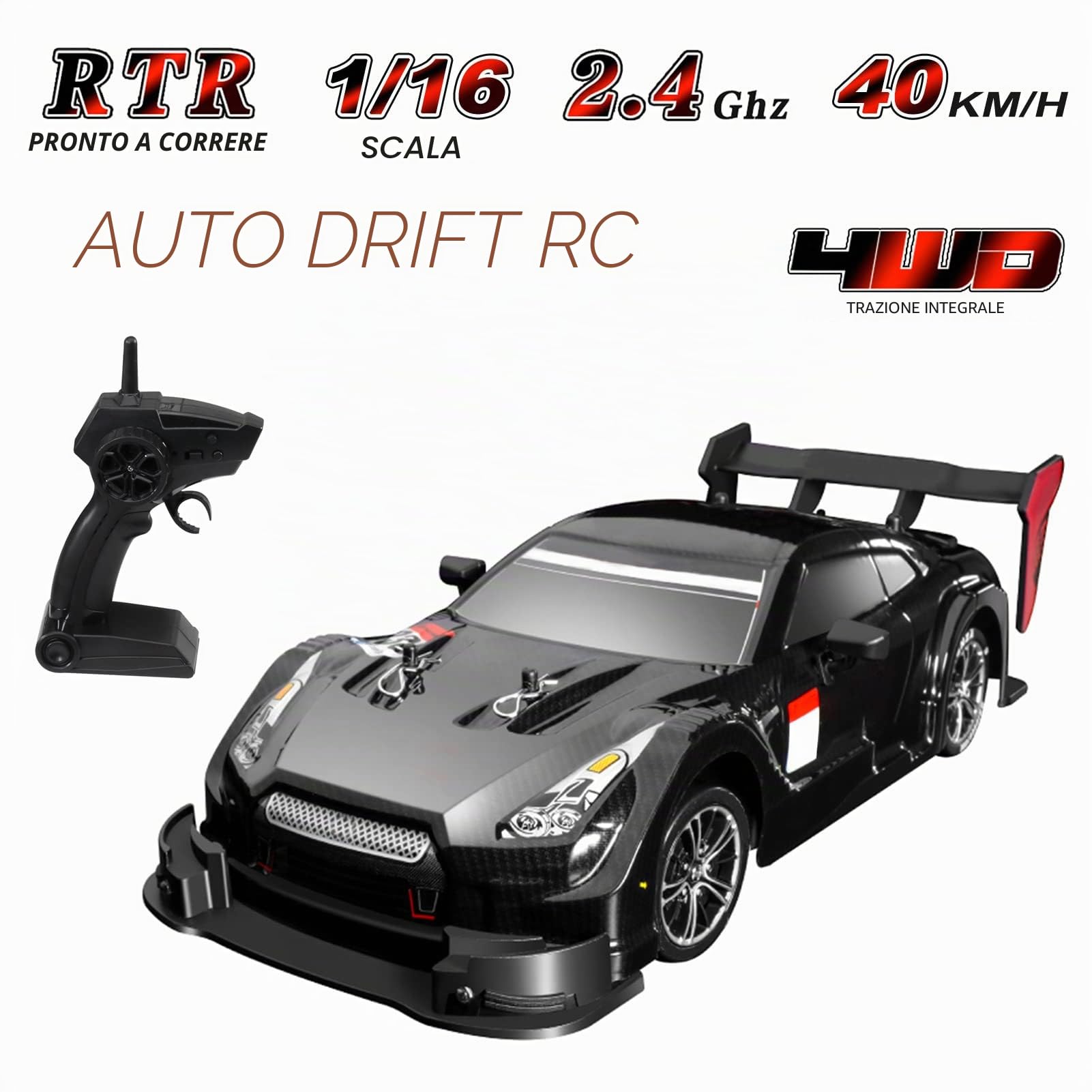 Goolsky RC Drift Car 1/16 2.4GHz 4WD 40km/h High Speed Kids Gift RTR Nero