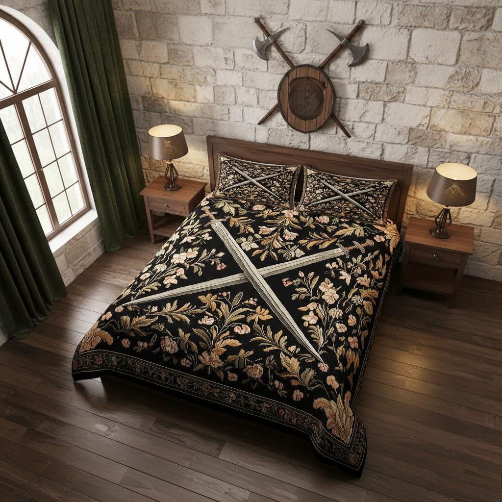 Medieval Style Swords Comforter Cover for Kids Boys Girls Country Rustic Flowers Duvet Cover Set Knight Theme Sword Bedding Set Black Yellow Quilt Covers King Size with 2 Pillowcases(No Comforter)
