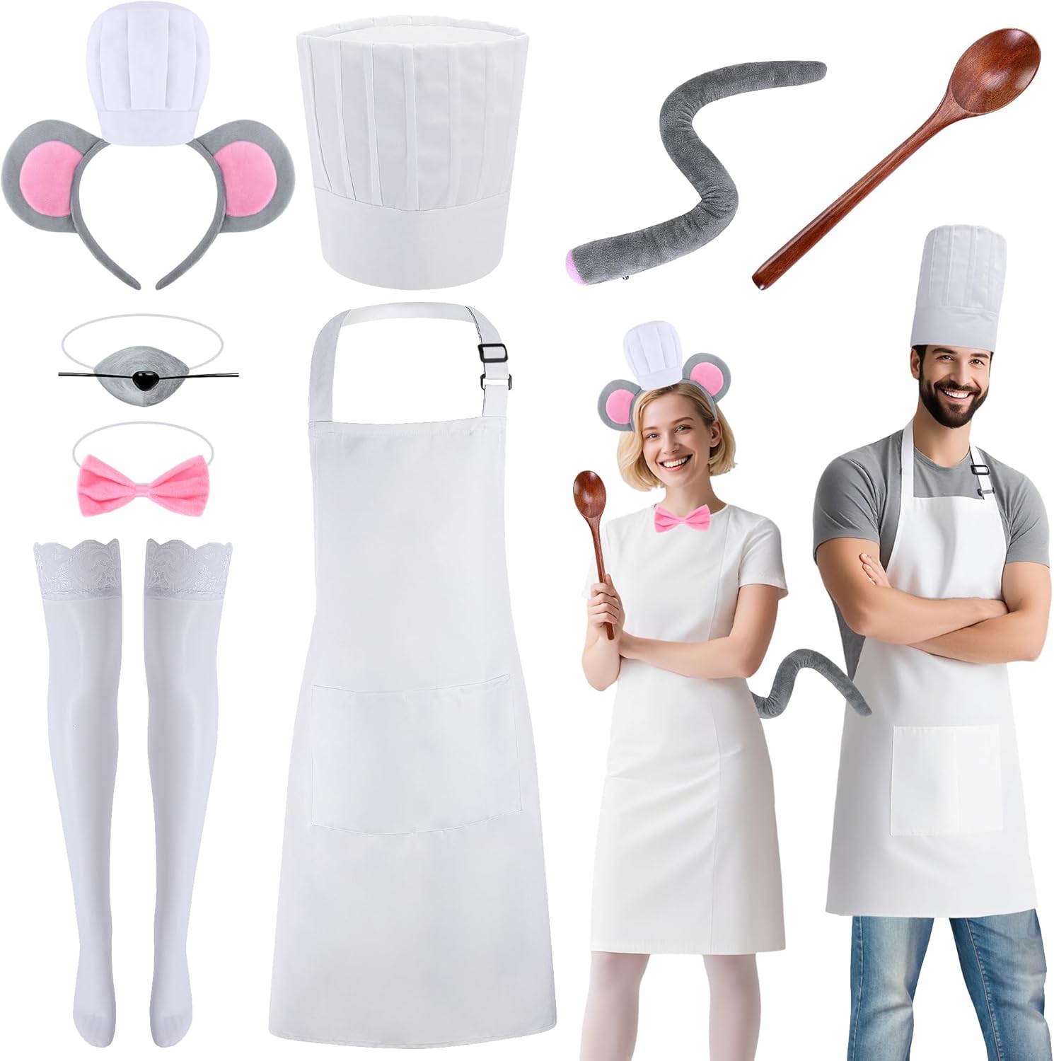 6Pcs/8Pcs Halloween Chef Mouse Costume Set, Cartoon Rat and Chef Cosplay Costume, Mouse Headband Nose Spoon