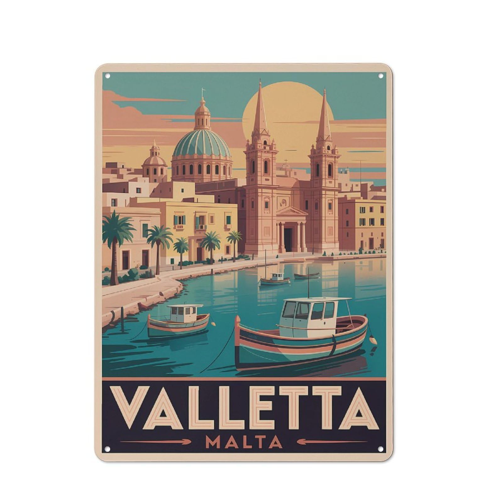 Junmoney Style-16 For Garden Room Or Summerhouse, Valletta Malta Vintage Travel Retro Metal Sign 40X30cm, For Vintage Wall Decor Fans, For Metal Sign Collectors