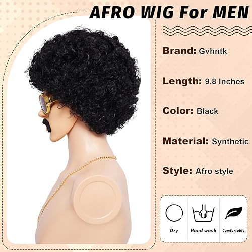 Miniatura 3 de 5 piezas de peluca afro de los años 70 para hombre, disfraz de discoteca, lentes, cadena, bigote, pelo corto y rizado, peluca de cabello negro