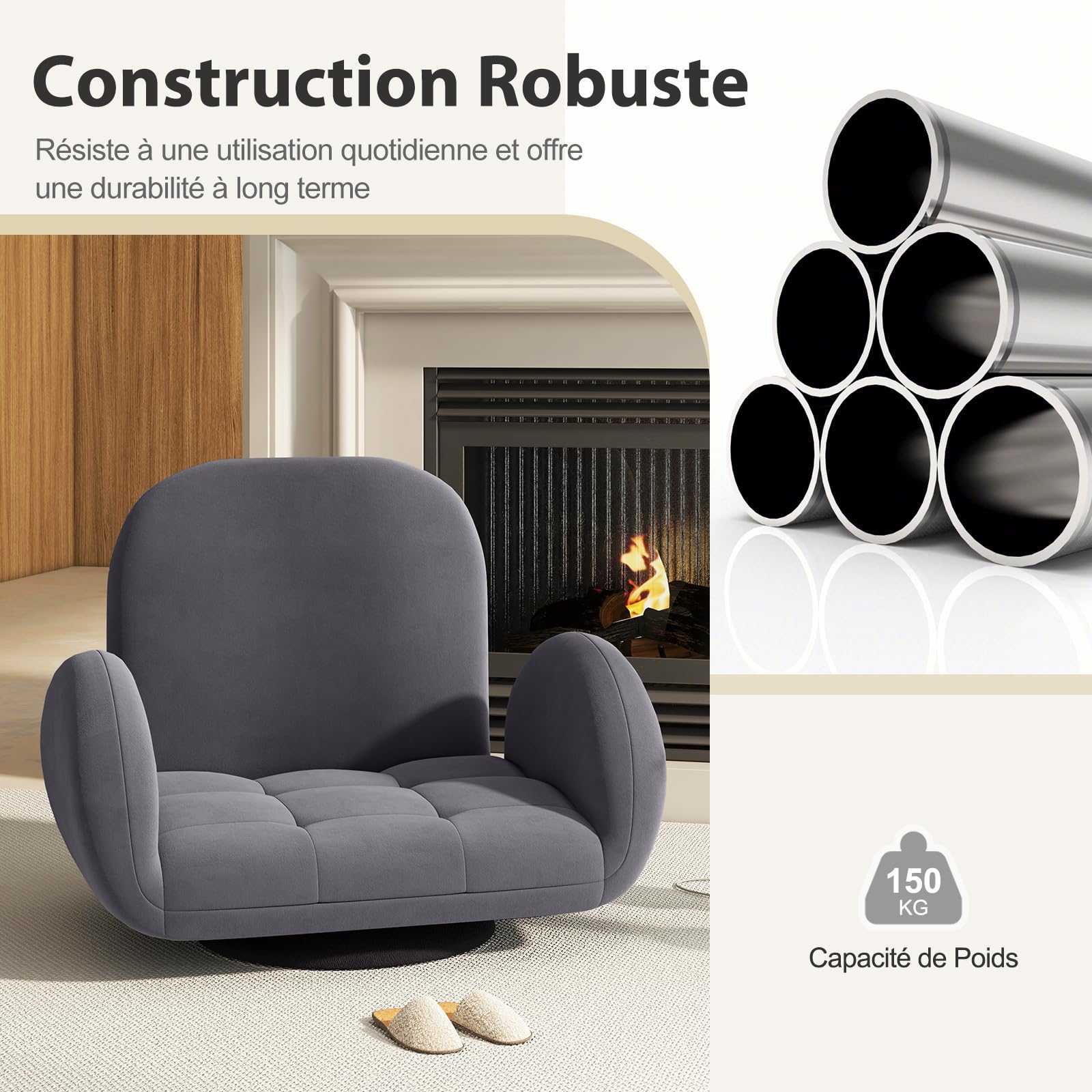 GOPLUS Chaise de Sol Pivotant, Chaise de Jeu Pliable avec Dossier Ajustable à 3 Positions et Accoudoirs Réglables à 5 Positions, Fauteuil pour Télévision, Lecture et Jeux, Gris