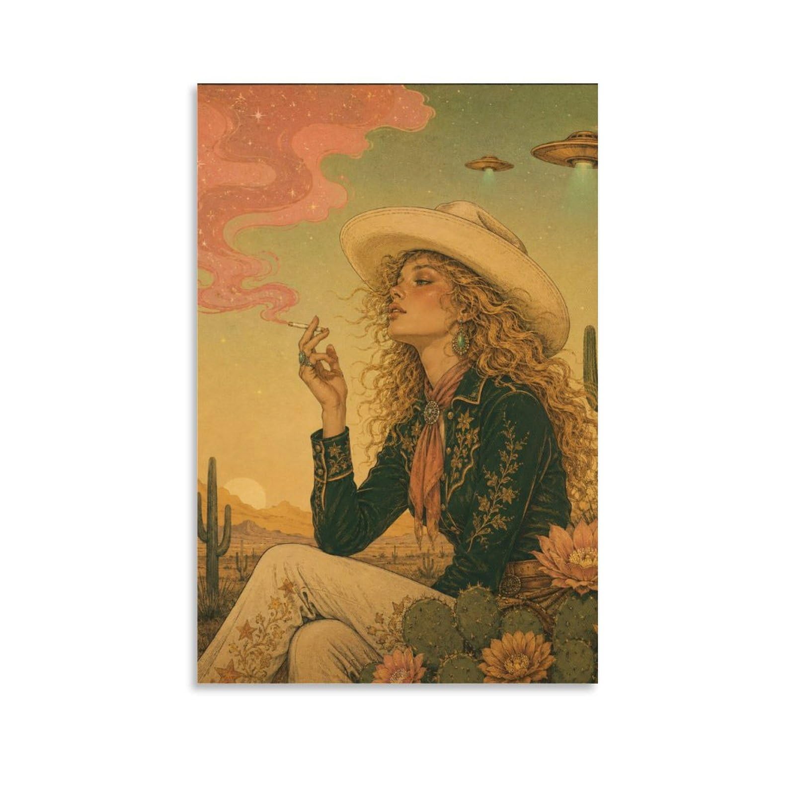 H3B8U2Y5 UFO Cowgirl Desert Sunset Canvas Wall Art, Vintage Western Artwork