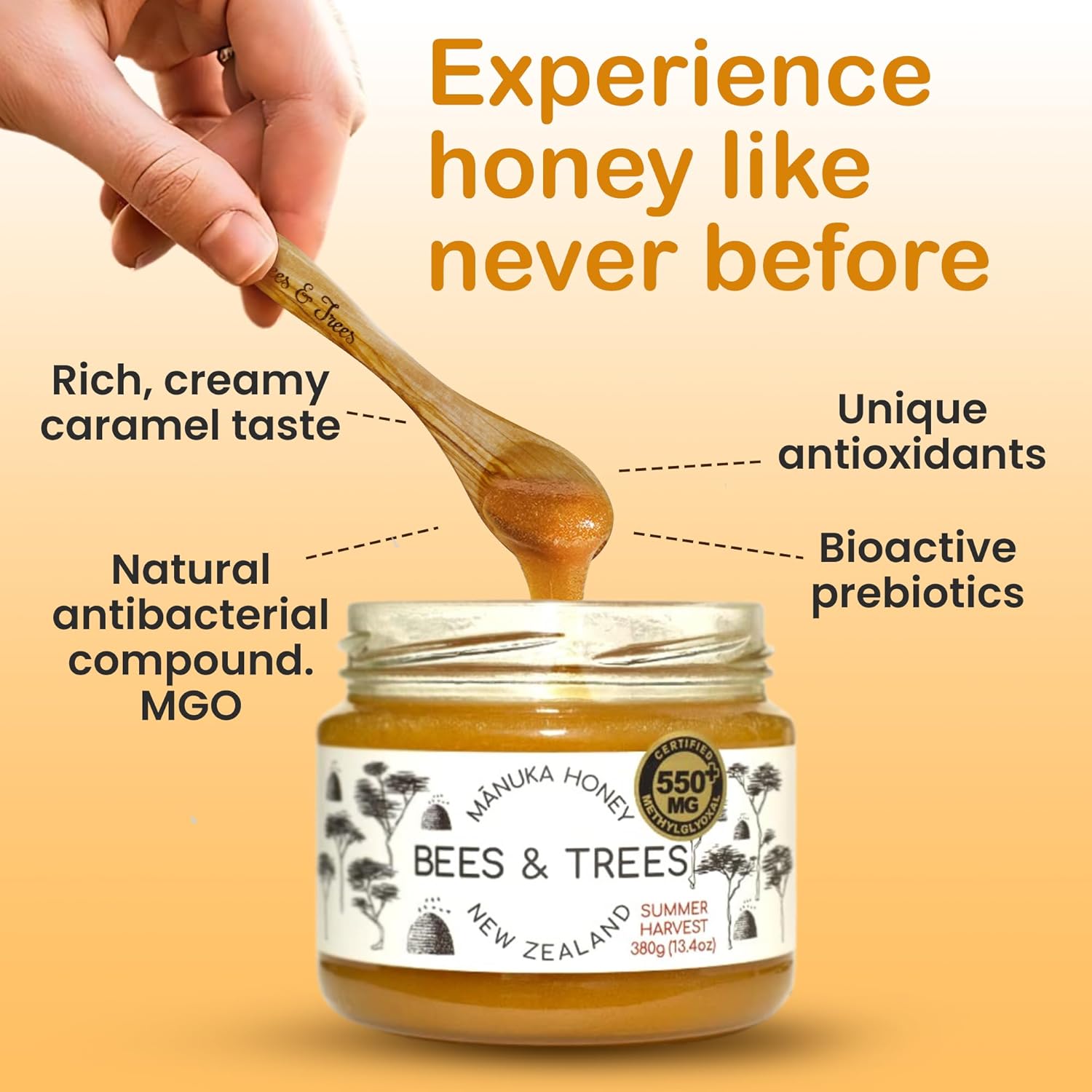 Bees & Trees Manuka Honey 550+ MGO – New Zealand Pure Monofloral, Raw – Premium & Minimally Processed for Health, Strength & Vitality – Unpasteurized Superfood in Gift Set - 380g (13.4oz) Glass Jar