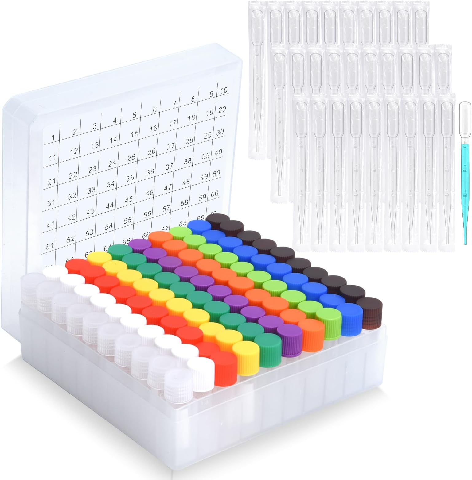 100pcs 2ml vials with caps Plastic Cryogenic Test Tubes with caps lab cryovial Tube Container cryovials with 30pcs 3ML Dropper Pipette (100pcs 2ml Test Tube)
