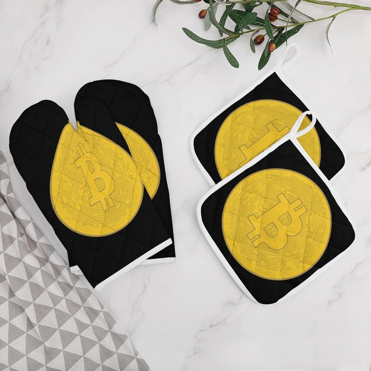 Bitcoin Prints Artwork 4 Pcs Oven Mitts and Pot Holders Set High Heat Resistant Long Kitchen Oven Glove Potholders