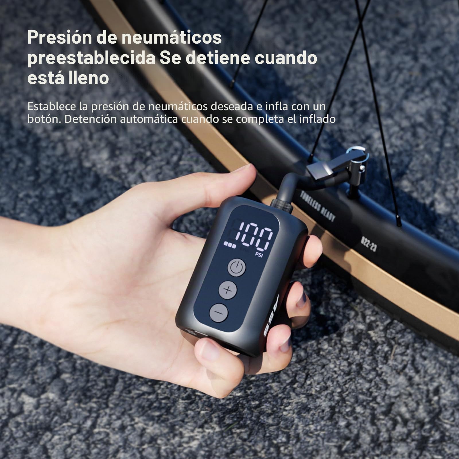 A5S Mini Bomba Bicicleta, Bomba de Aire Portátil para Bicicleta con Manómetro,100PSI Electrico Bicicleta con válvula Presta y Schrader,Parada Automática