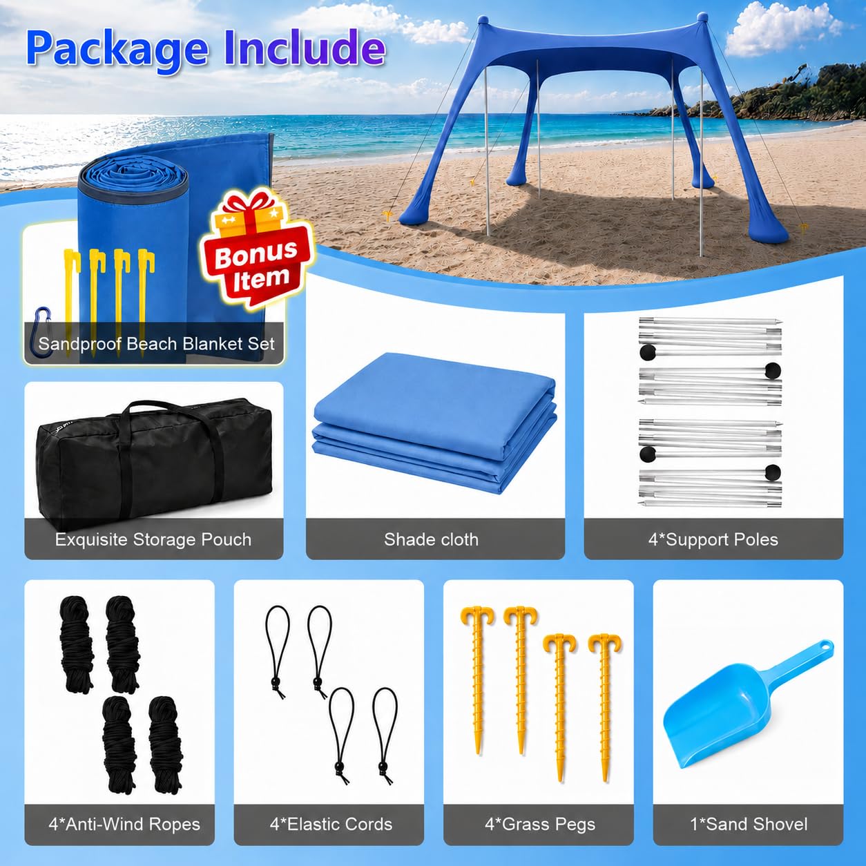 Tienda de Playa portátil Familiar, protección UV, toldo para Camping y Playa, Refugio con Anclajes de Arena y Barras de Aluminio, 10x10FT, Azul Cielo