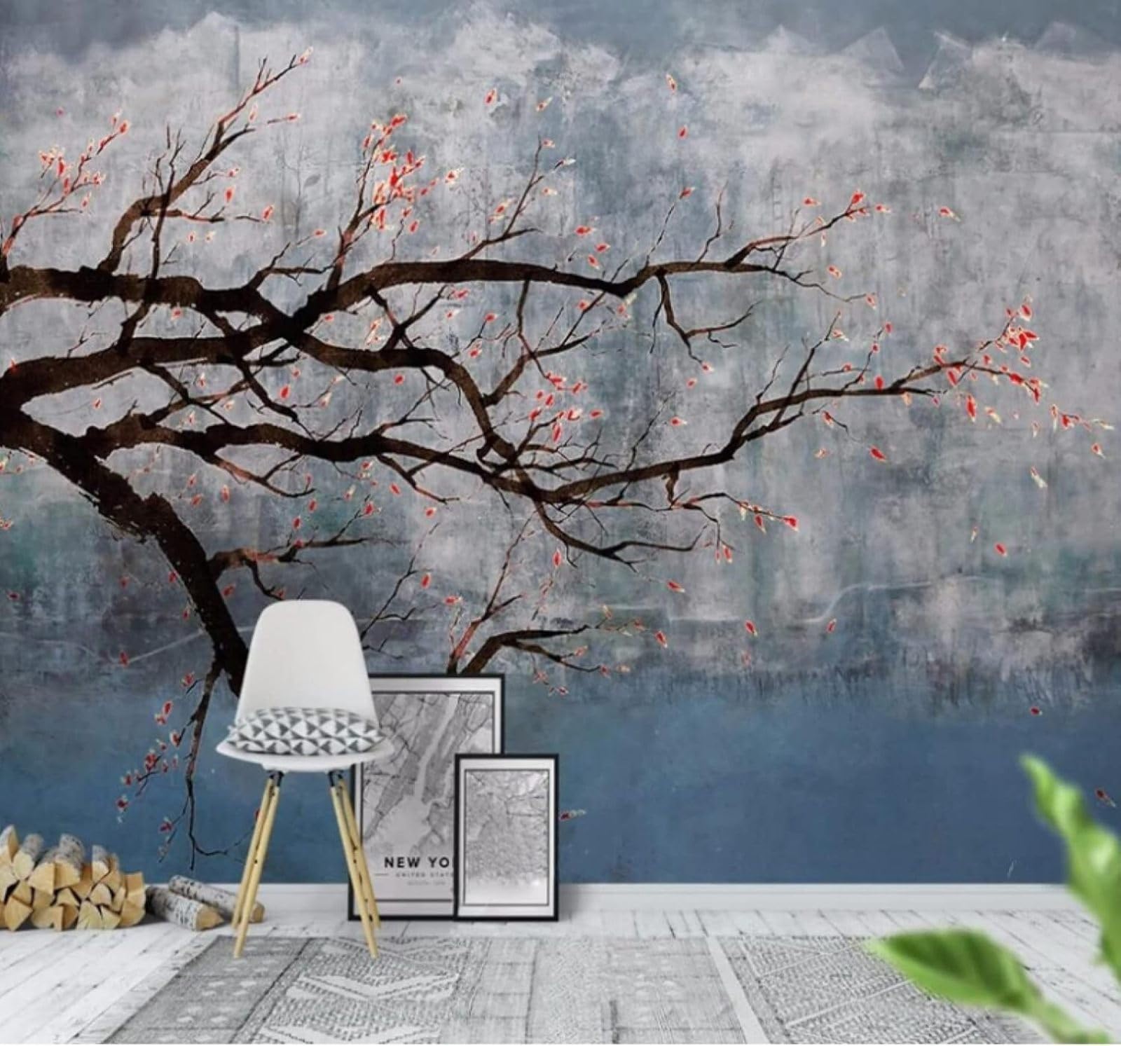Xlming 300Cm×210Cm(B×H) Hand Drawn Vintage Pastoral Plum Blossoms Branches 3D Wallpaper Luxury Silk Study Dining Feature Sofa Grey Bedroom Living Room Tv Decorative Wall-300Cm×210Cm