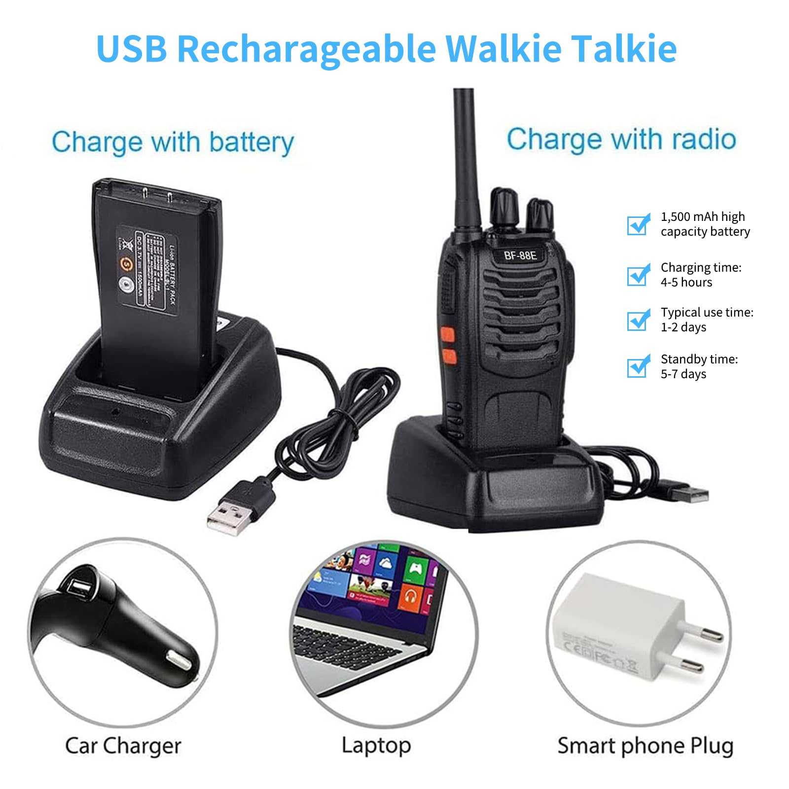 Set da 4 Walkie-talkie a 16 Canali - CTCSS/DCS, Walkie-talkie Ricaricabili da 1500 mAh, Ideali per la Sopravvivenza all'aperto, il Campeggio e le Escursioni
