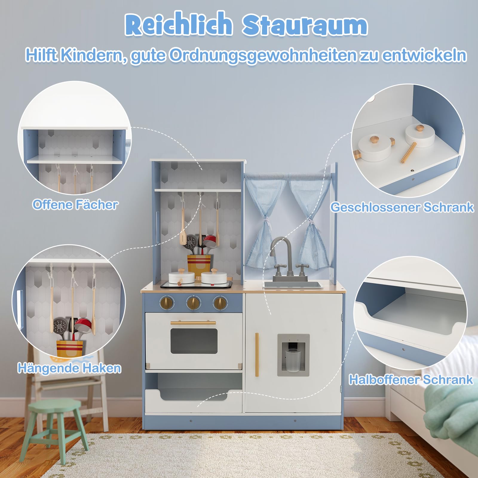 COSTWAY Kinderkeuken van hout, speelkeuken met gordijnen, fornuis, gootsteen, oven en waterdispenser, speelgoedkeuken met kookgerei, geluiden en verlichting, voor kinderen vanaf 3 jaar