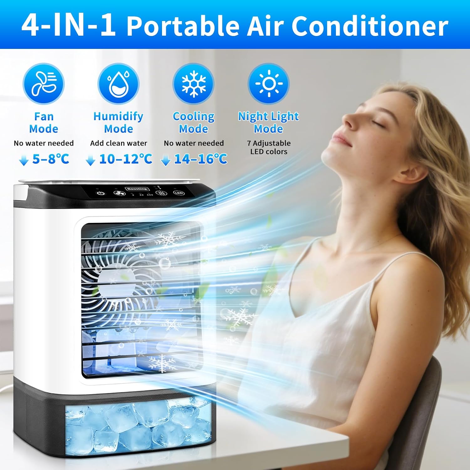 Mini Air Conditioner, 4-in-1 Air Conditioner Portable,Rechargeable Evaporative Air Cooler Fan with 4 Speeds,2 Mist Modes, 7 LED, 900ML Water Tank, Ice Box, Air Conditioner for Bedroom,Office & Travel