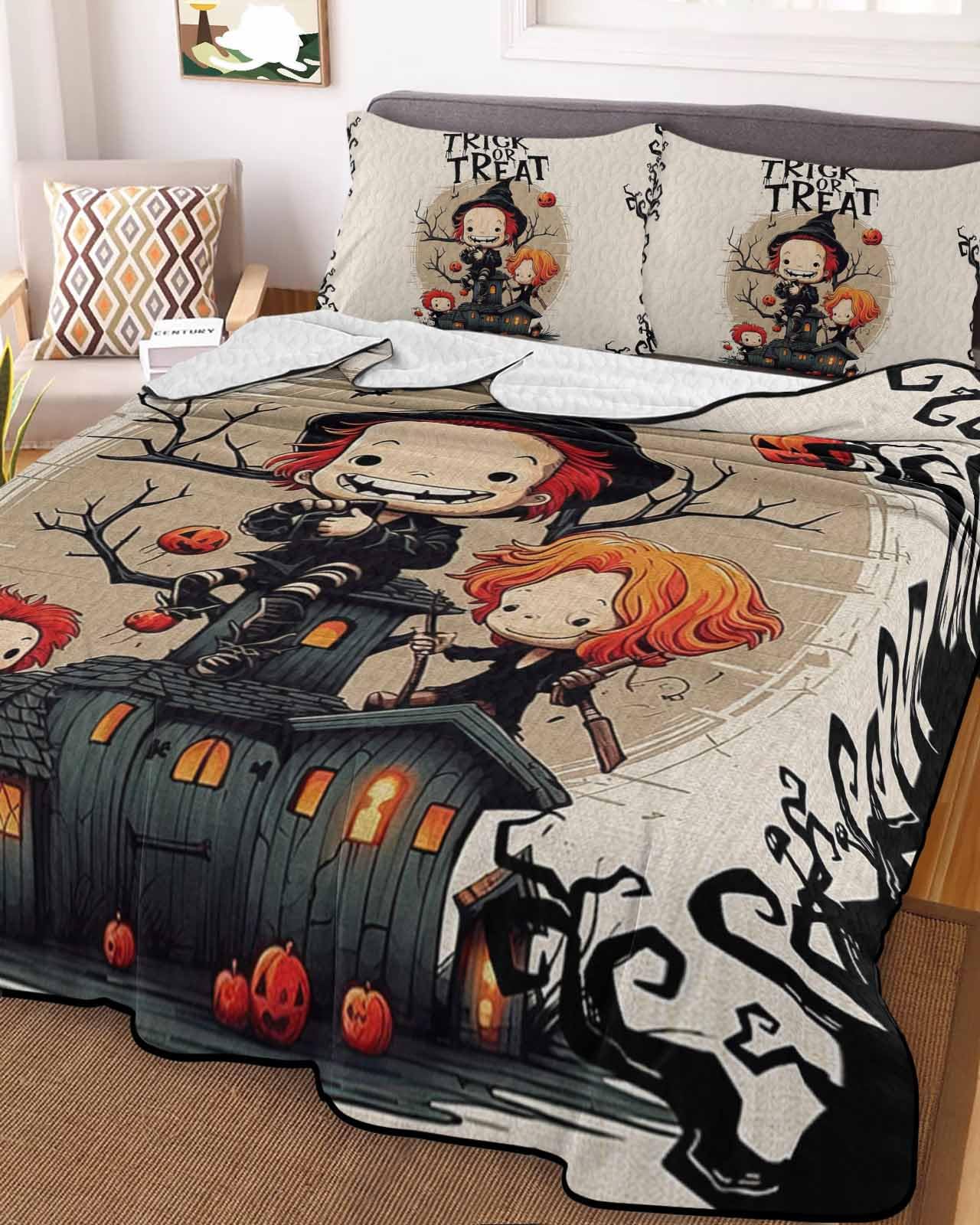 RisQiten Twin XL Quilt Bedding Set, Halloween Reversible Summer Quilt 3 Pieces, Trick or Treat Children Pumpkin Black Branches Lightweight Bedspreads Coverlets with 2 Pillow Shams for All Seasons