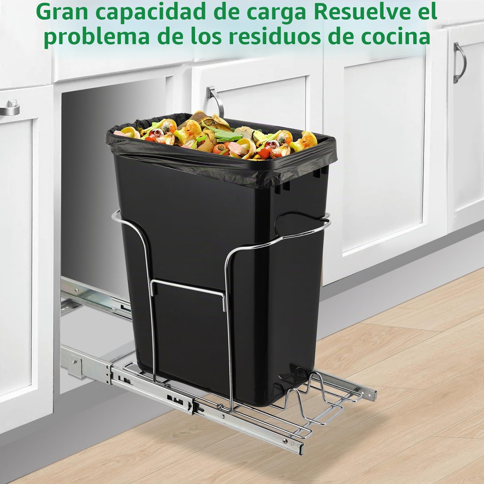 Garvee Cubo De Basura Extraíble Para Armario Bajo Fregadero – Cierre Suave y Guías Resistentes – Kit De Montaje Fácil Para Cocina – Compatible Con Armarios De Mínimo 27x48cm – Capacidad 30L (Sin Cubo)