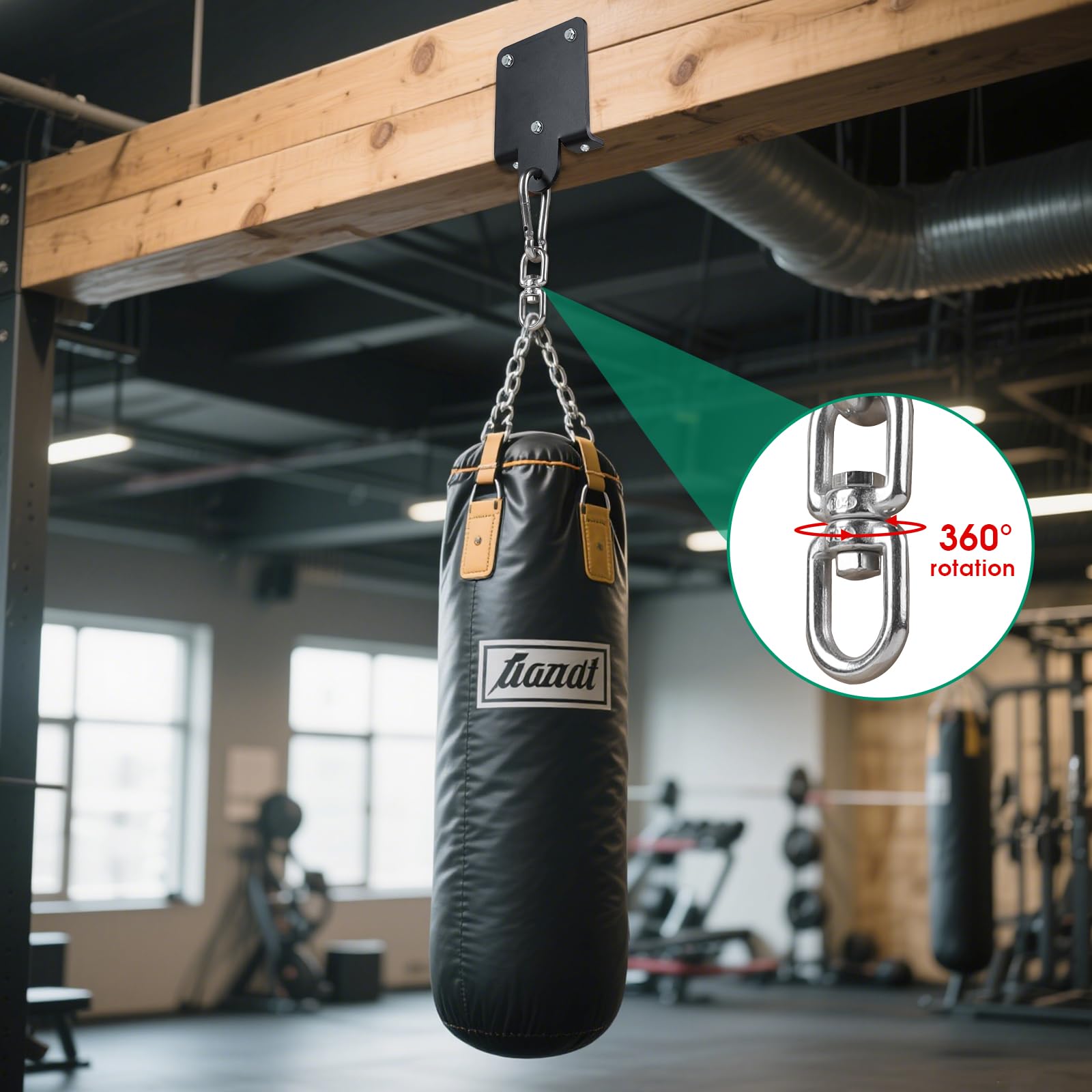 1 Pezzo Supporto Pesante per Sacco da Boxe – Staffa da Parete/Soffitto – Ganci Robusti Girevoli a 360° per Travi in Legno – per Allenamenti di Boxe, Muay Thai, Yoga Aereo, Altalene, Amaca