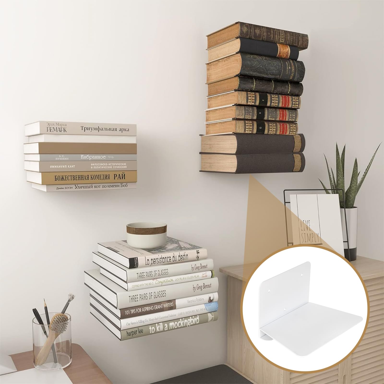 4 Pcs Mensole da Muro per Libri, Librerie Mensole da Muro Bianche, Mensole Sospese Invisibili Metallo, Libreria a Muro Sospesa, Scaffale da Parete in Metallo per Cameretta Bagno Cucina Ufficio Salotto
