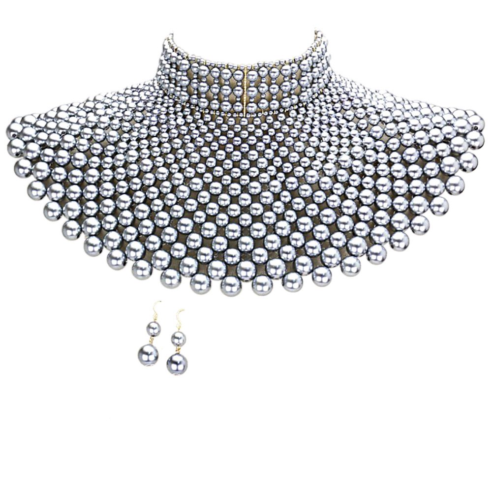 Egyptian Pearl Armor Bib Choker Chain Style Statement Necklace and Pearl Earrings Set