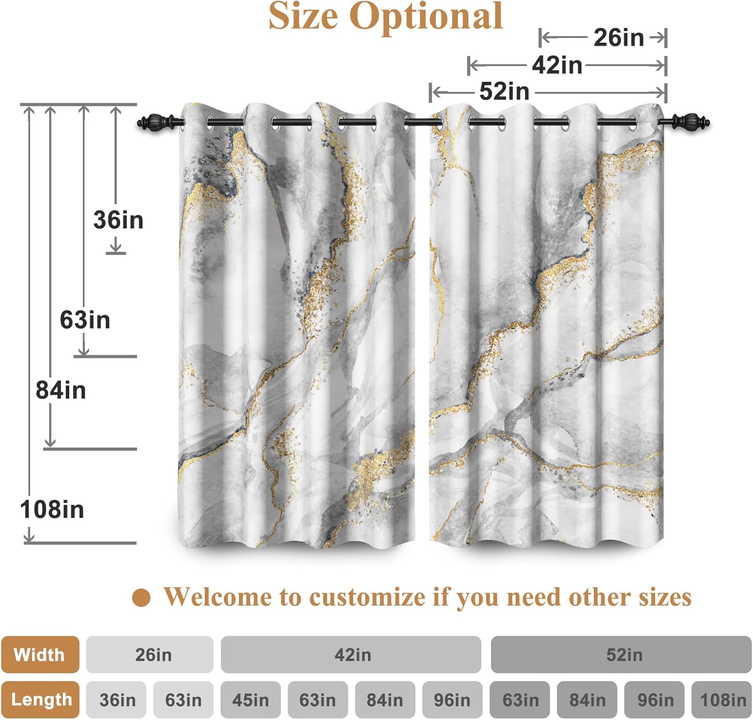 Renaiss 26 x 63 Inch White Gold Blackout Curtains for Bedroom Living Room Metallic Gold Marble Patterned Curtain Grommet Modern Abstract Thermal Insulated Window Treatments Black Liner 2 Panels