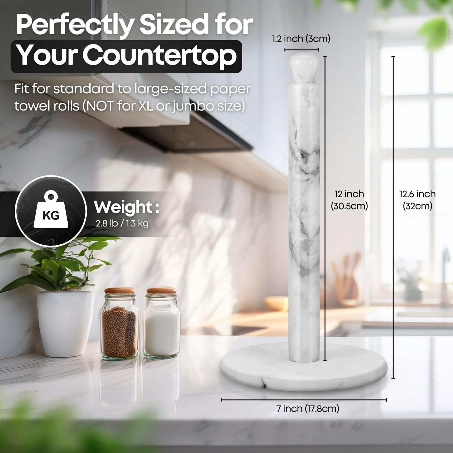 Flexzion Marble Paper Towel Holder 12 inch (White) - Kitchen Countertop Paper Towel Holder Stand Rack with Roll Dispenser Pole and Weighted Marble Base for Tables Home Dining Bathroom Storage