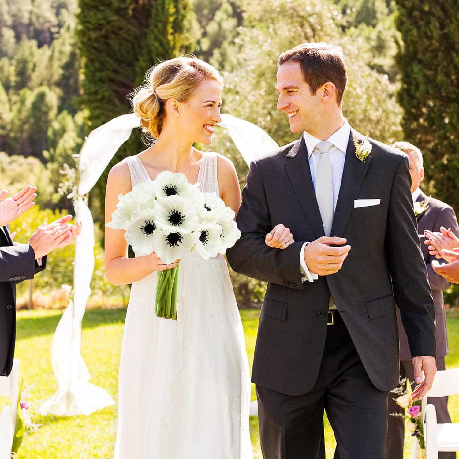 Artificial White Flower, 24 PCS Black and White Flowers, 11 Inch Silk Anemone Flower, Stems PU Real Touch Fake Flowers in White with Black Center for Wedding Memorial Day Centerpiece Home Kitchen - Image 5