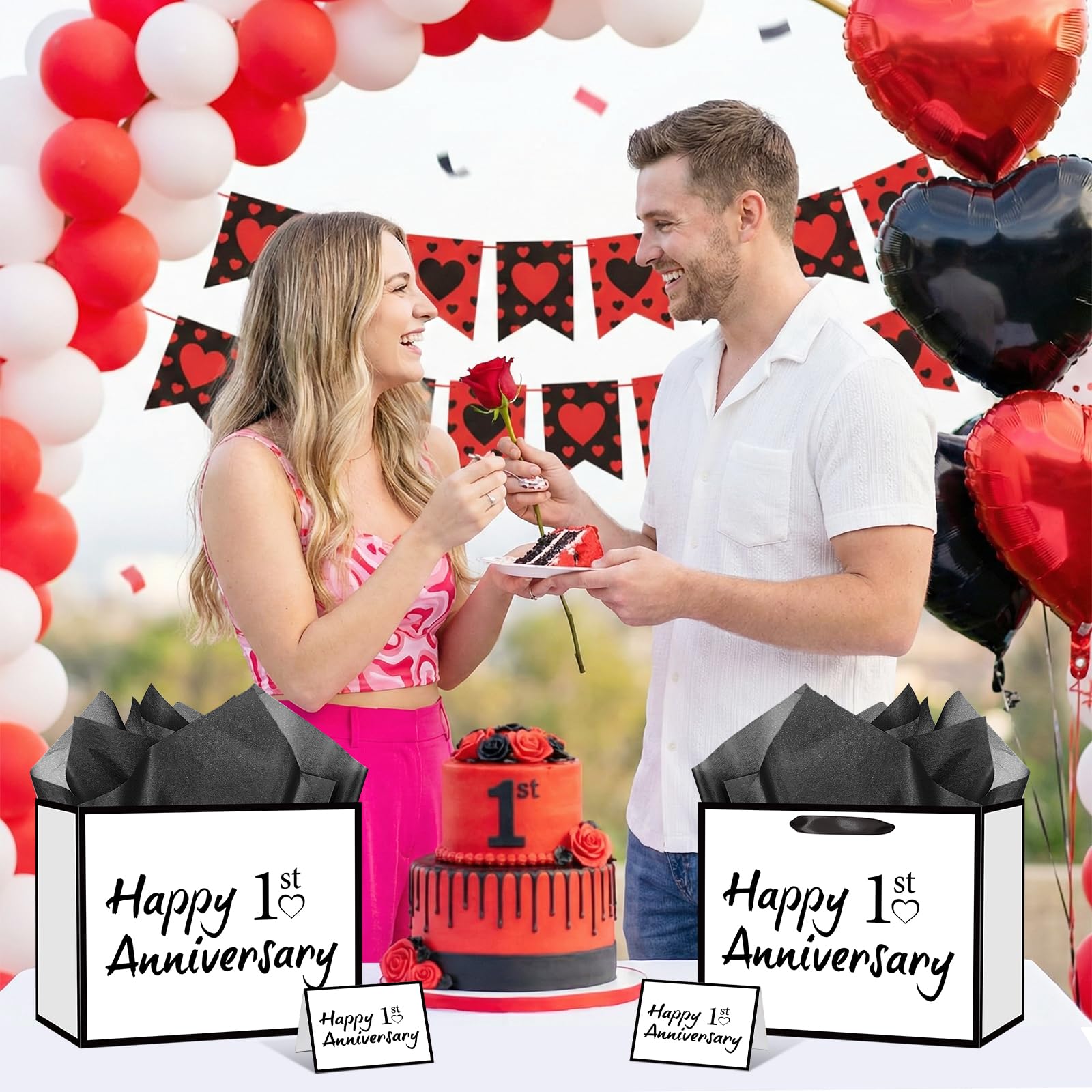 TagreSpike 1st Anniversary Paper Gift Bag with Tissue Paper and Card - Large Happy 1st Anniversary Wrapping Bag - Black and White Paper Anniversary Party Supplies for Husband Wife Couple
