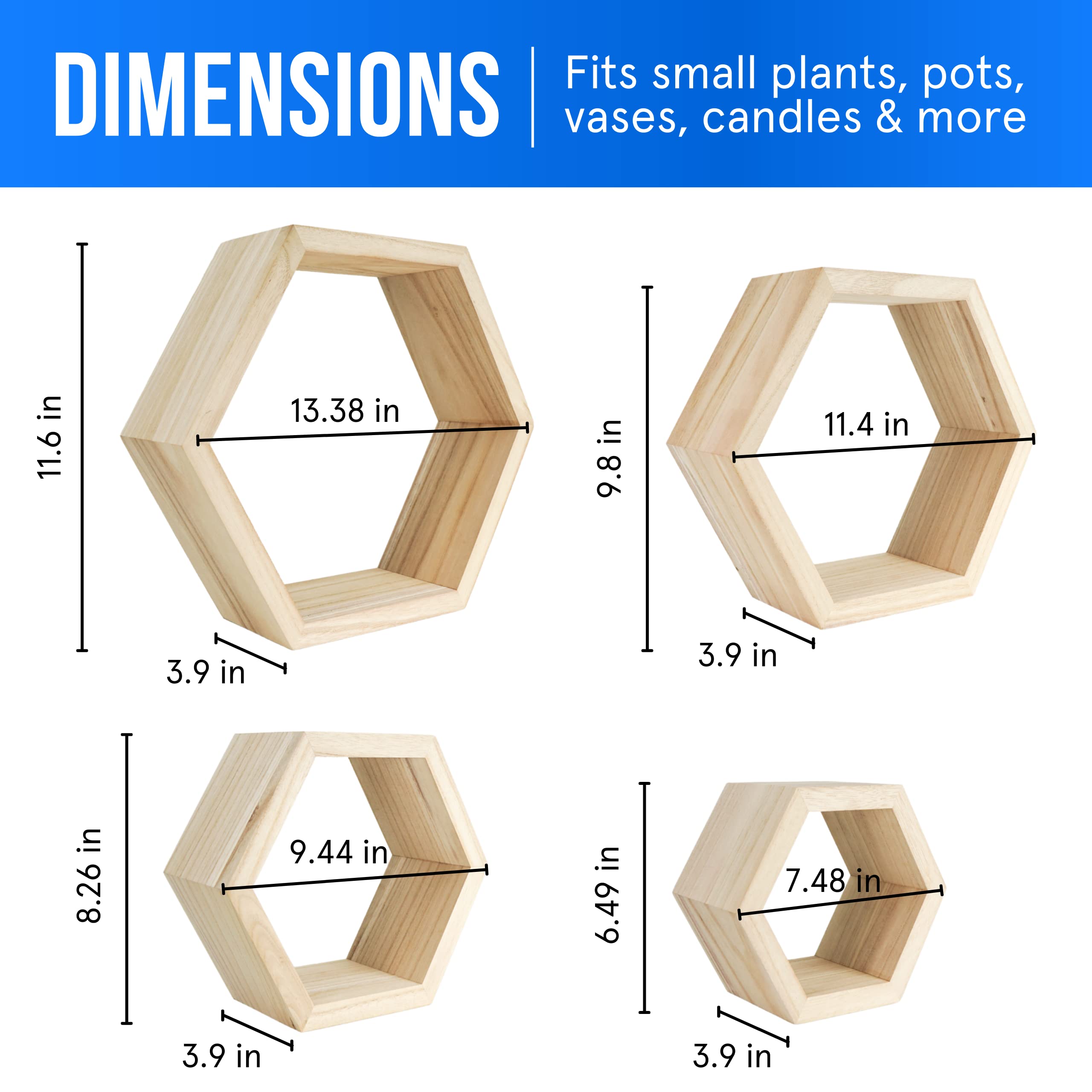 Estantes hexagonales – Estantes flotantes de madera natural – Juego de 4 – Estante de pared para dormitorio, oficina, sala de estar y baño – Decoración de pared de granja – Estantes decorativos de