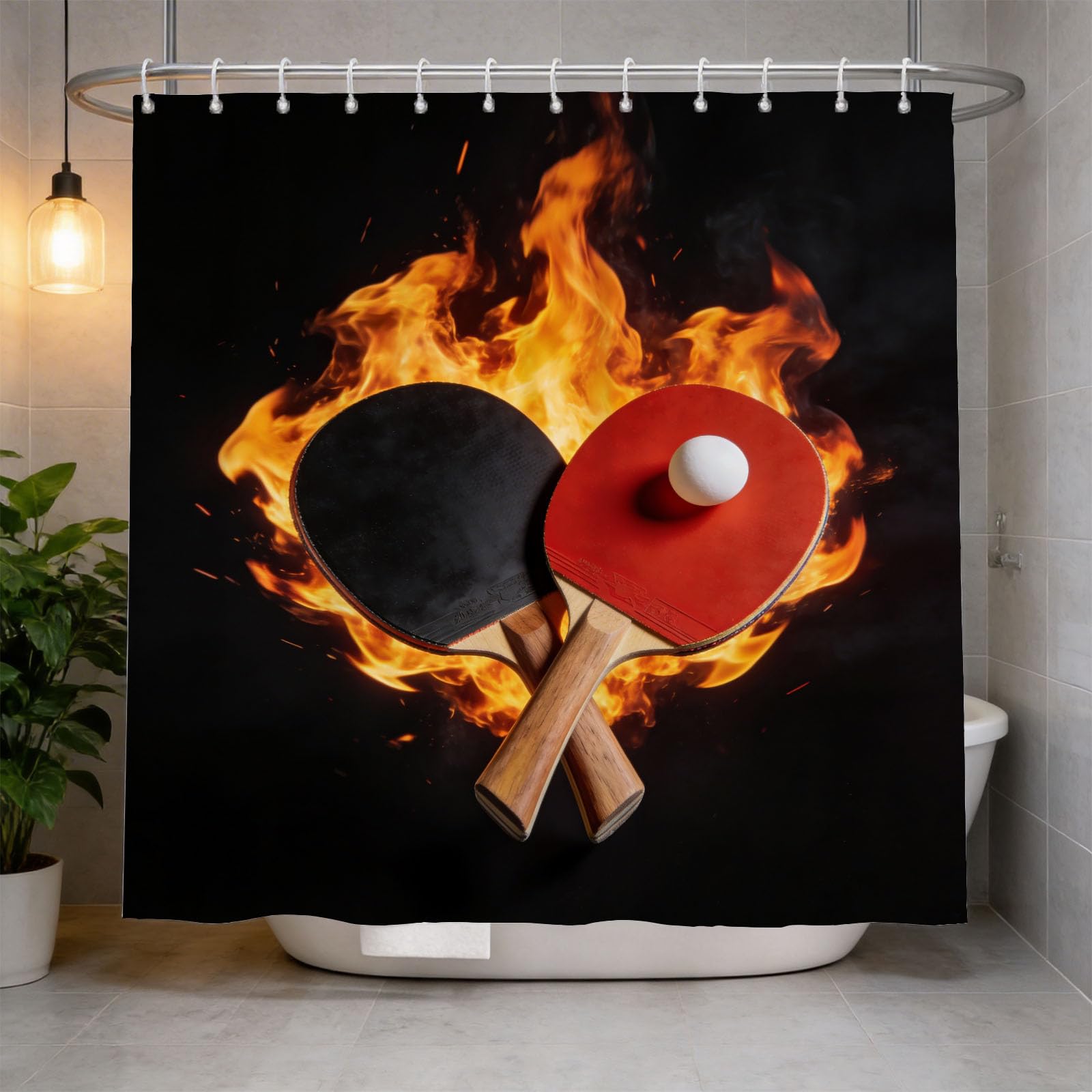 Hongduo 3D Pingpong Shower Curtain for Stalls Bathtubs Dynamic Illustration Bathroom Decor Shower Curtain Set Polyester Fabric Waterproof 200x200cm/79X79 Inch with Hooks