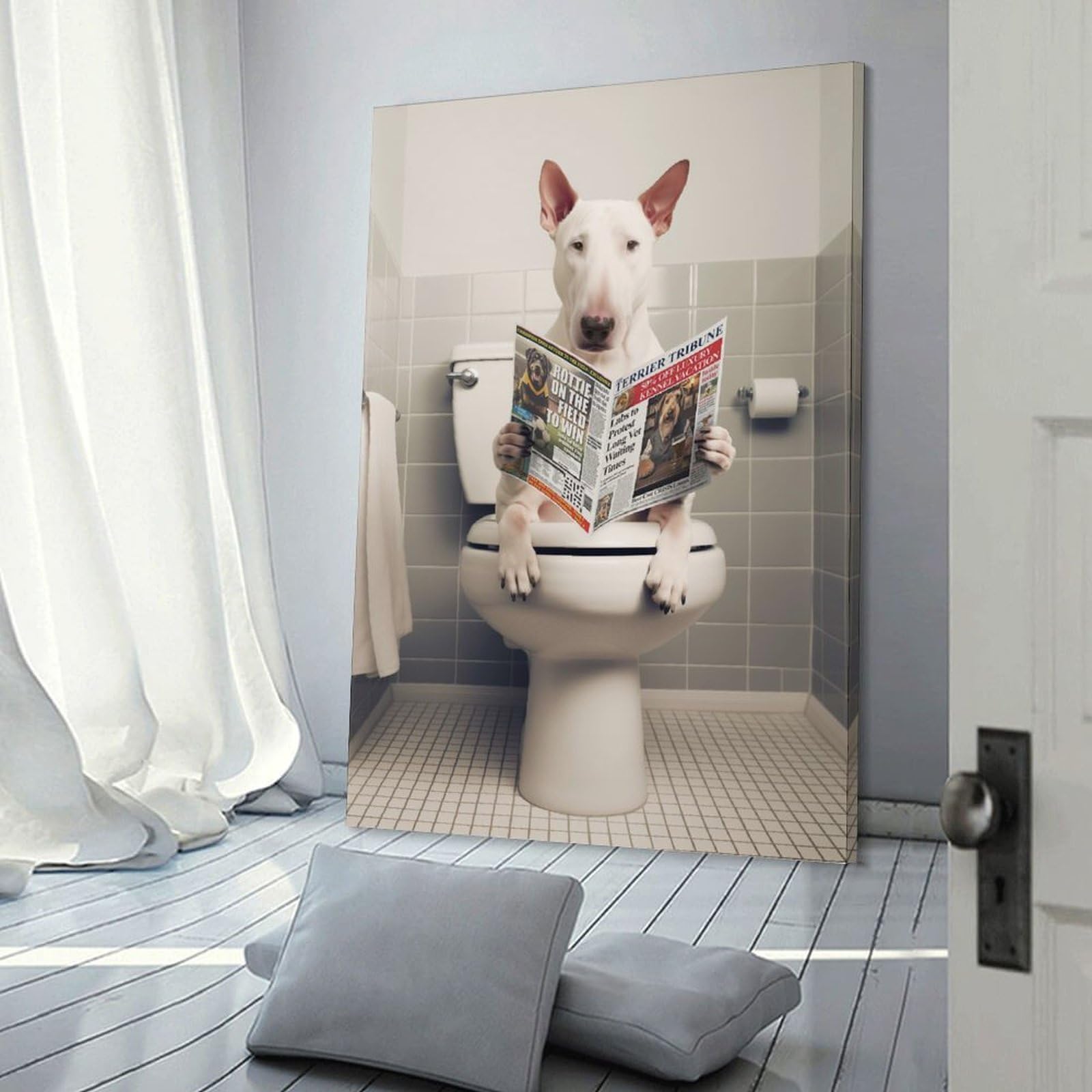 Junmoney Frame-Style-4 Hanging Wall Art Bull Terrier On The Toilet, 08X12inch(20X30cm), For Entryway, Lounge Links Or Small Walls, A Neat Decor Update For Hallways