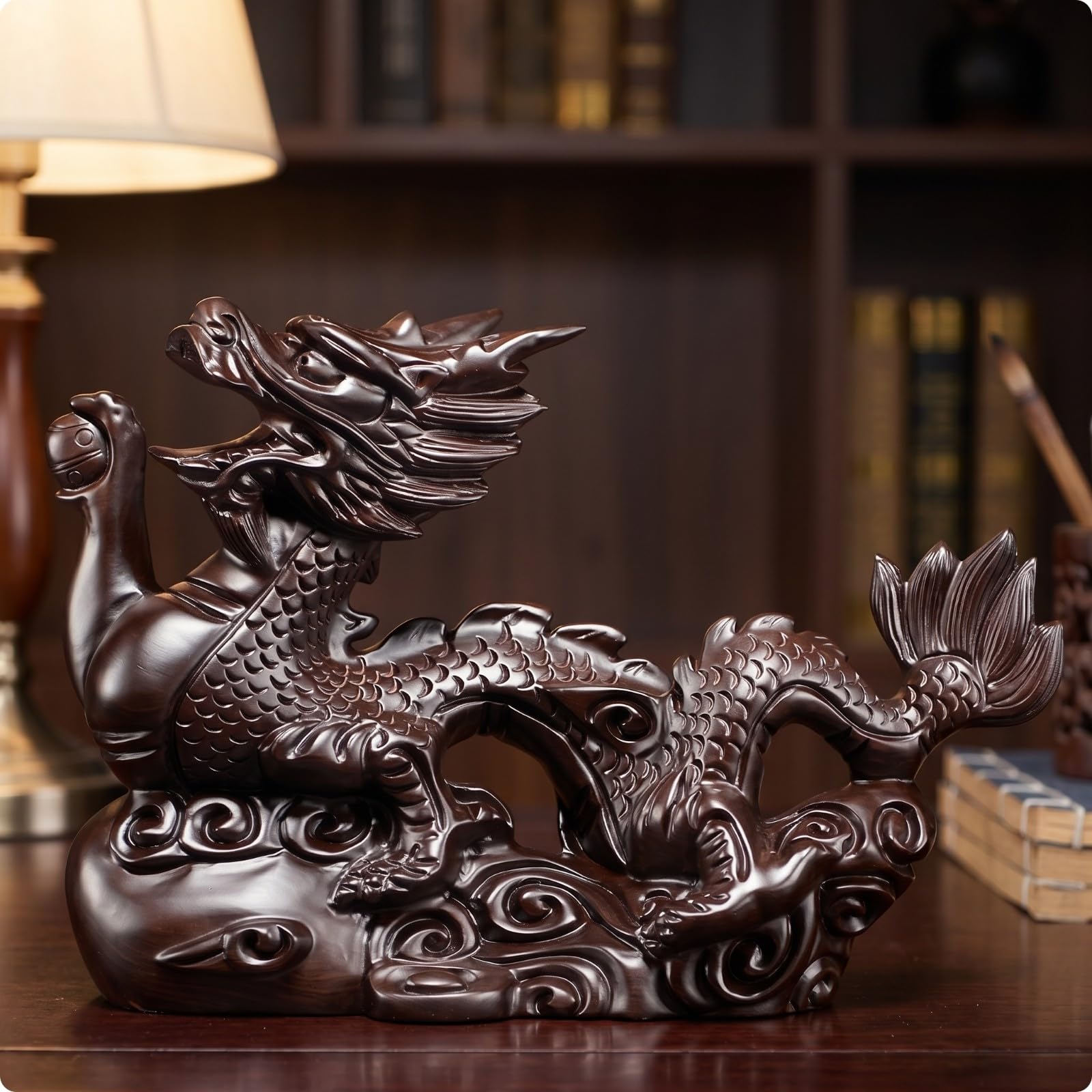 perfk Figura Dragón Chino Tallado Estatua |, Llamativo, para Estudio, Oficina, Rojo, 28CM