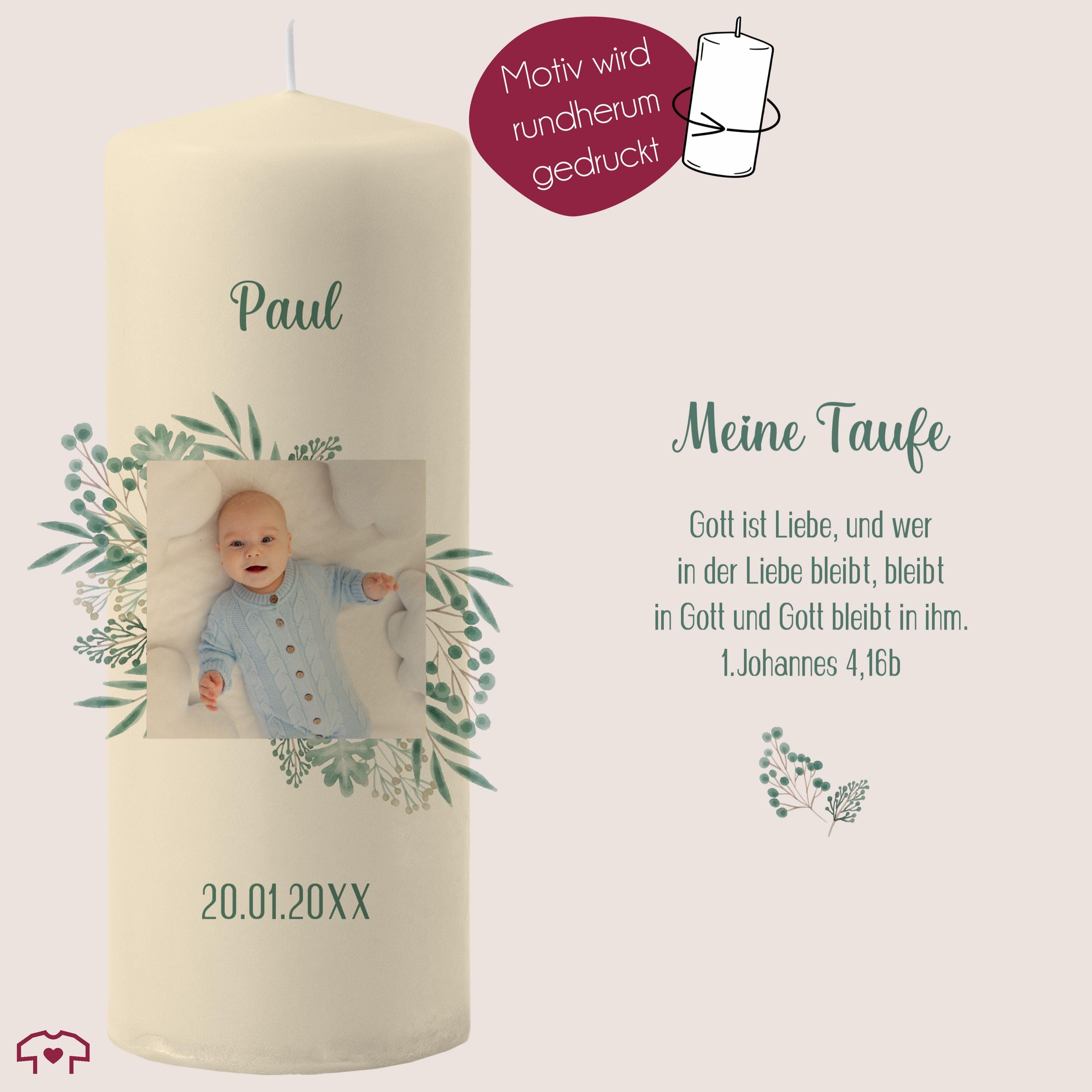 Taufkerze - Taufe - Meine Tauf Wunschfoto mit Datum - personalisiertes Taufgeschenk Deko Geschenke - 230/78 mm - Elfenbein