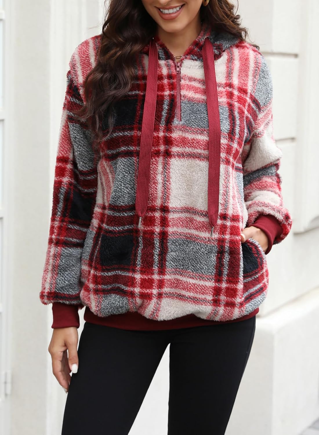 Nirovien Womens Sherpa Pullover Oversized Fuzzy Hoodie Double Fleece Sweatshirts Fluffy Plaid Outerwear Warm Coats - Image 5